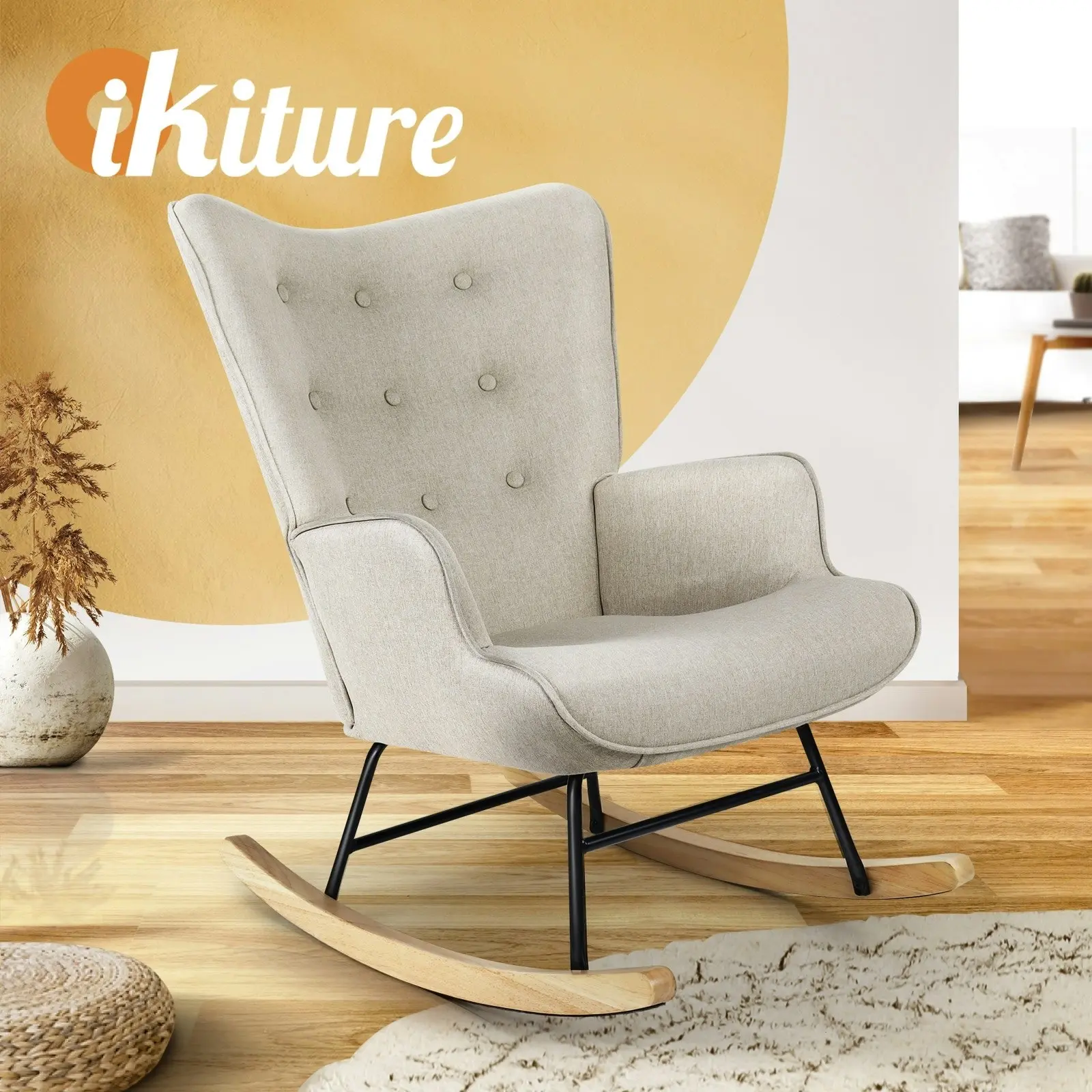 Oikiture Rocking Chair Nursing Armchair Linen Accent Chairs Upholstered Beige