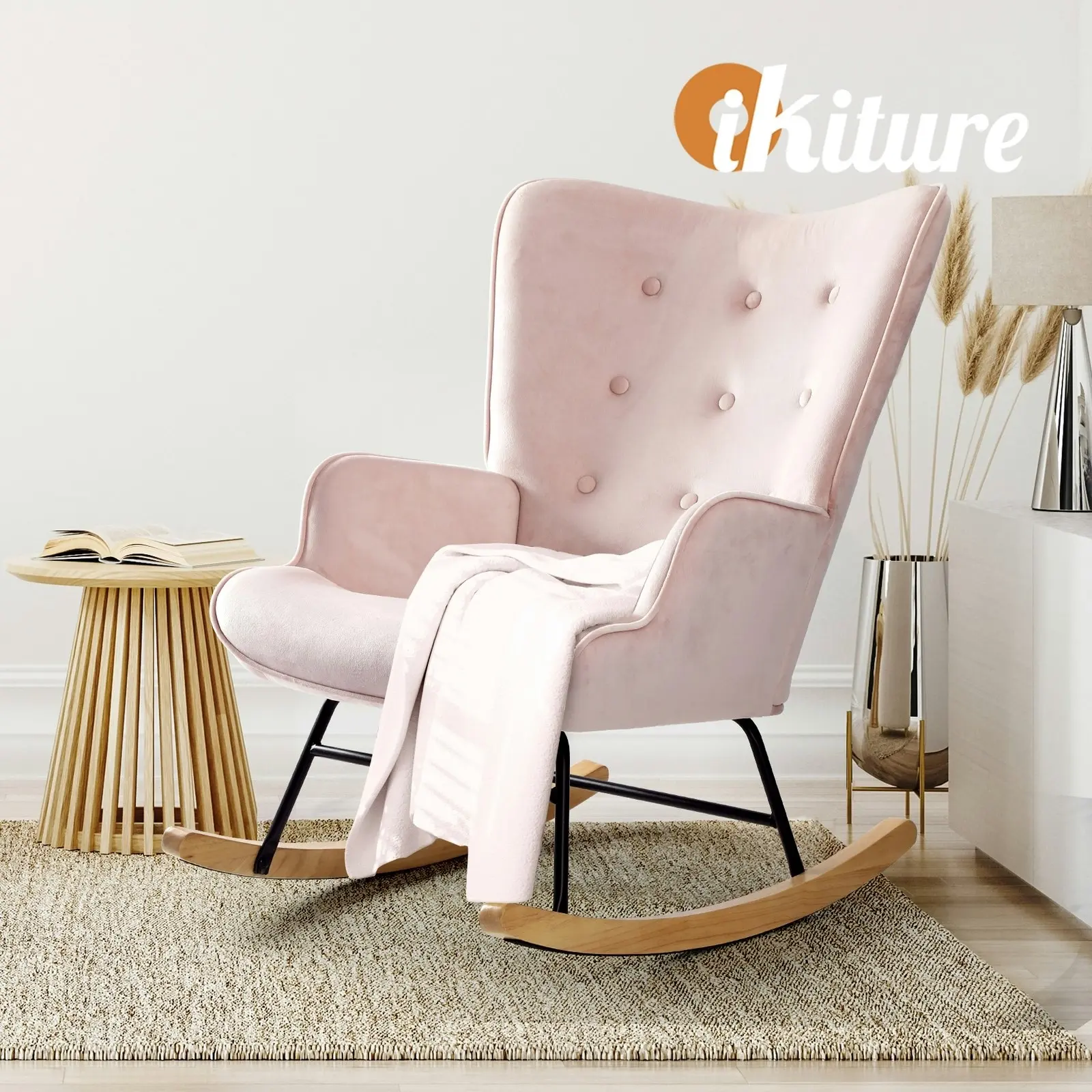 Oikiture Rocking Chair Nursing Armchair Velvet Accent Chairs Upholstered Pink