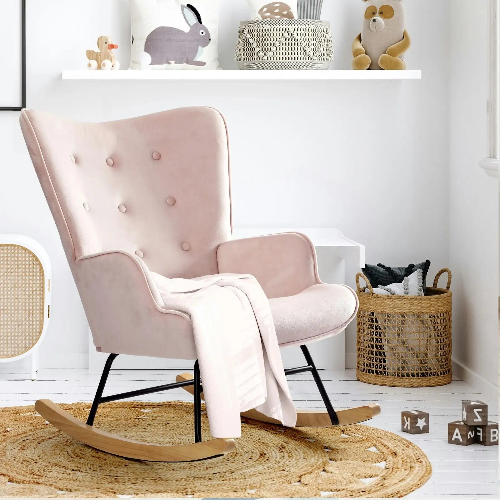 Oikiture Rocking Chair Nursing Armchair Velvet Accent Chairs Upholstered Pink