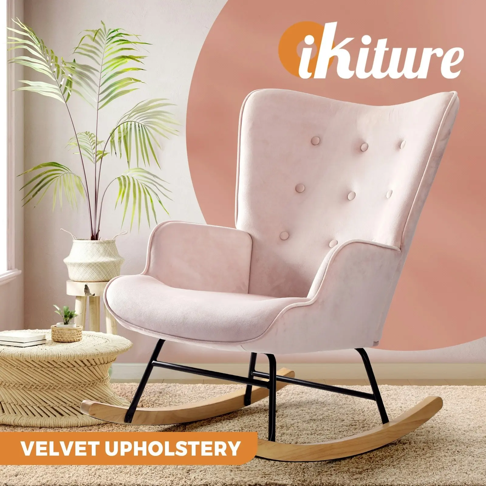 Oikiture Rocking Chair Nursing Armchair Velvet Accent Chairs Upholstered Pink