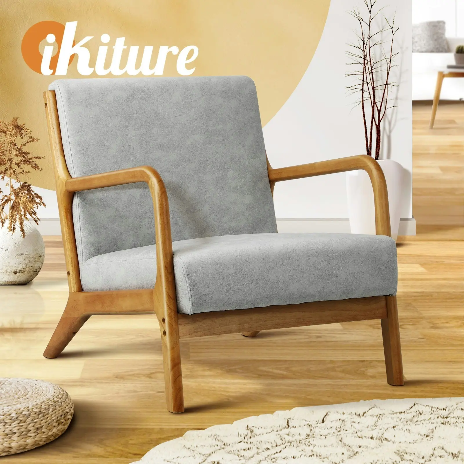 Oikiture Armchair Lounge Chair Accent Armchairs Couches Sofa Wood Light Grey