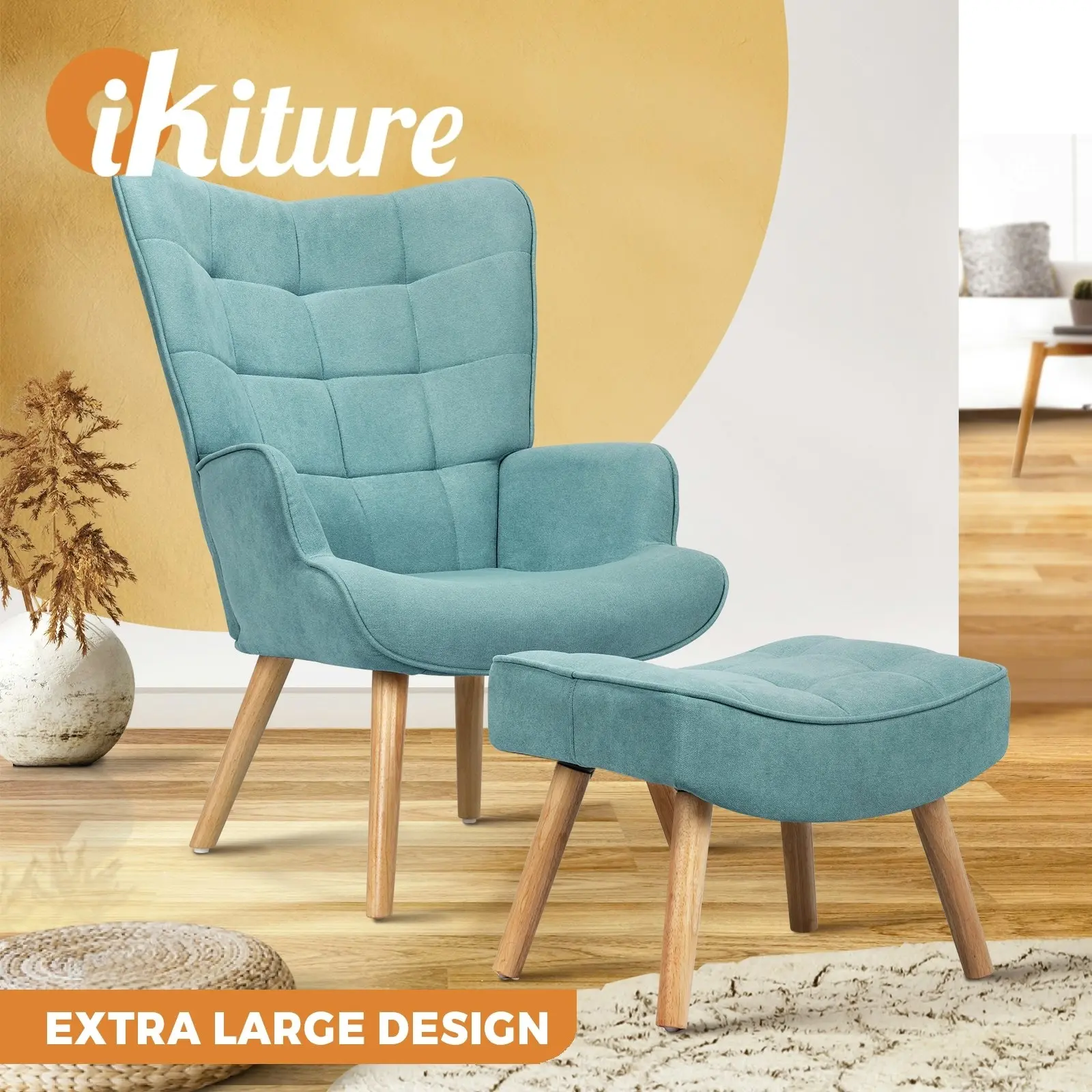 Oikiture Armchair Lounge Chair Ottoman Accent Armchairs Fabric Sofa Chairs Blue