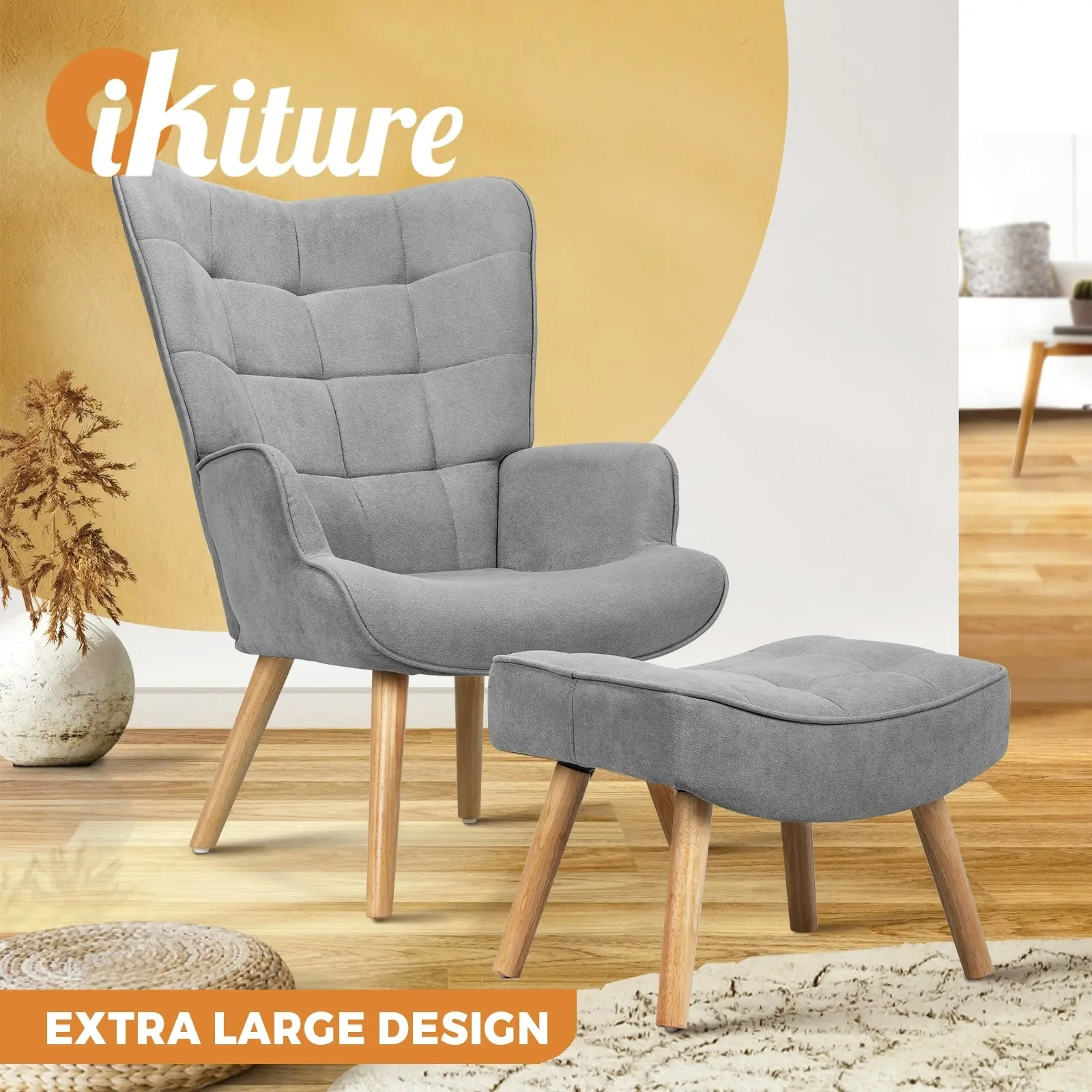 Oikiture Armchair Lounge Chair Ottoman Accent Armchairs Fabric Sofa Chairs Grey