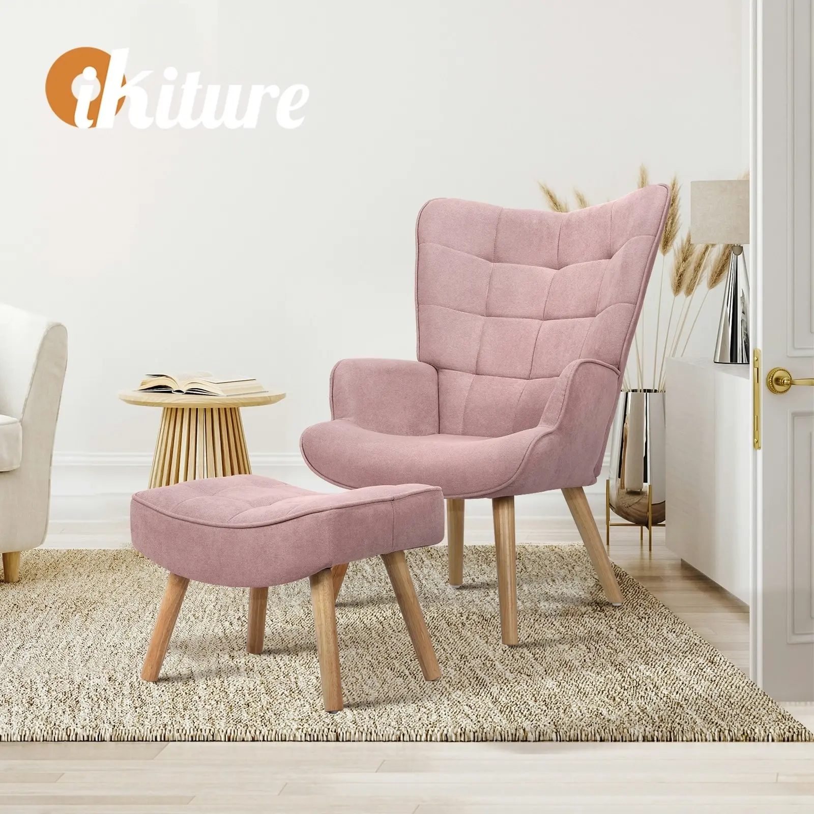 Oikiture Armchair Lounge Chair Ottoman Accent Armchairs Fabric Sofa Chairs Pink