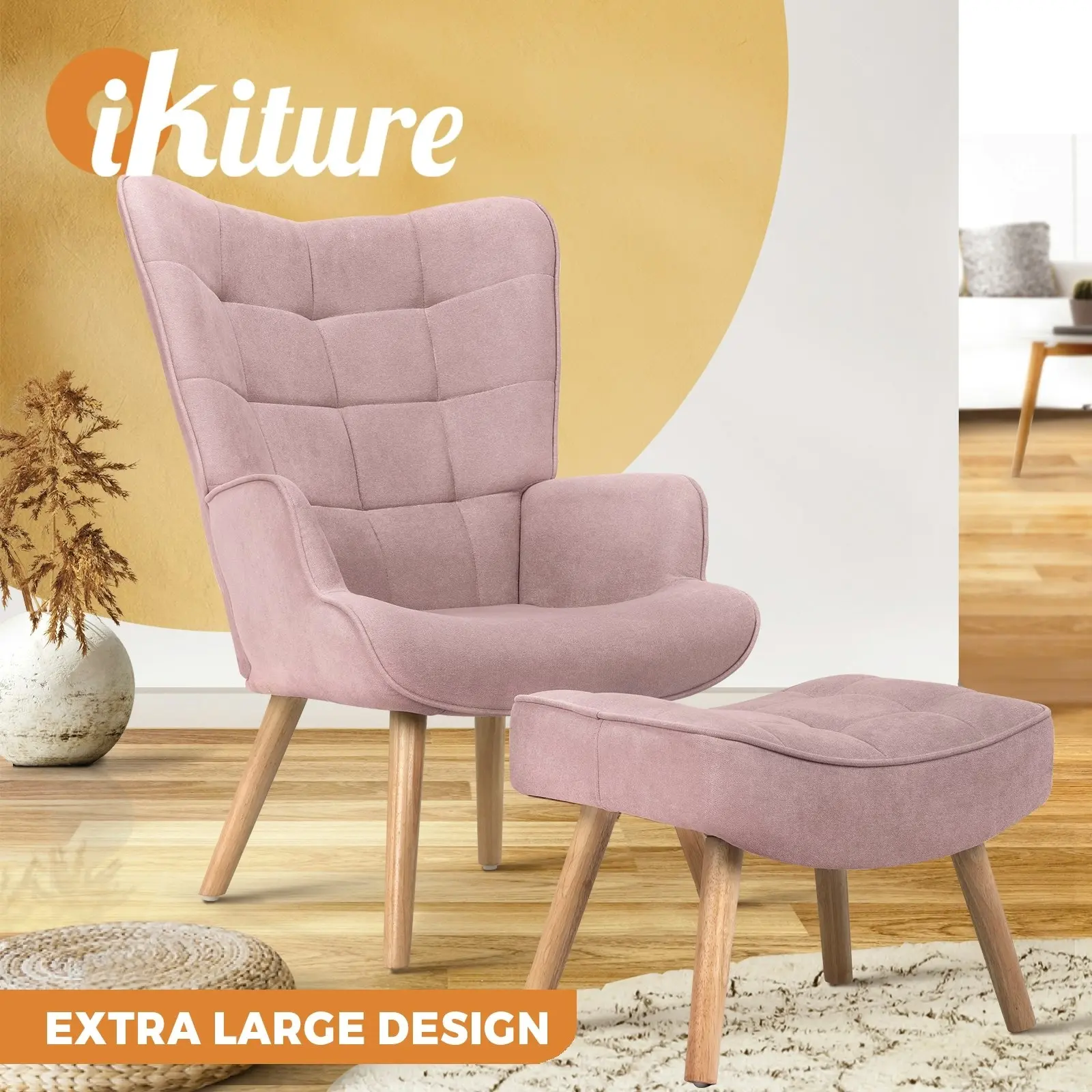 Oikiture Armchair Lounge Chair Ottoman Accent Armchairs Fabric Sofa Chairs Pink