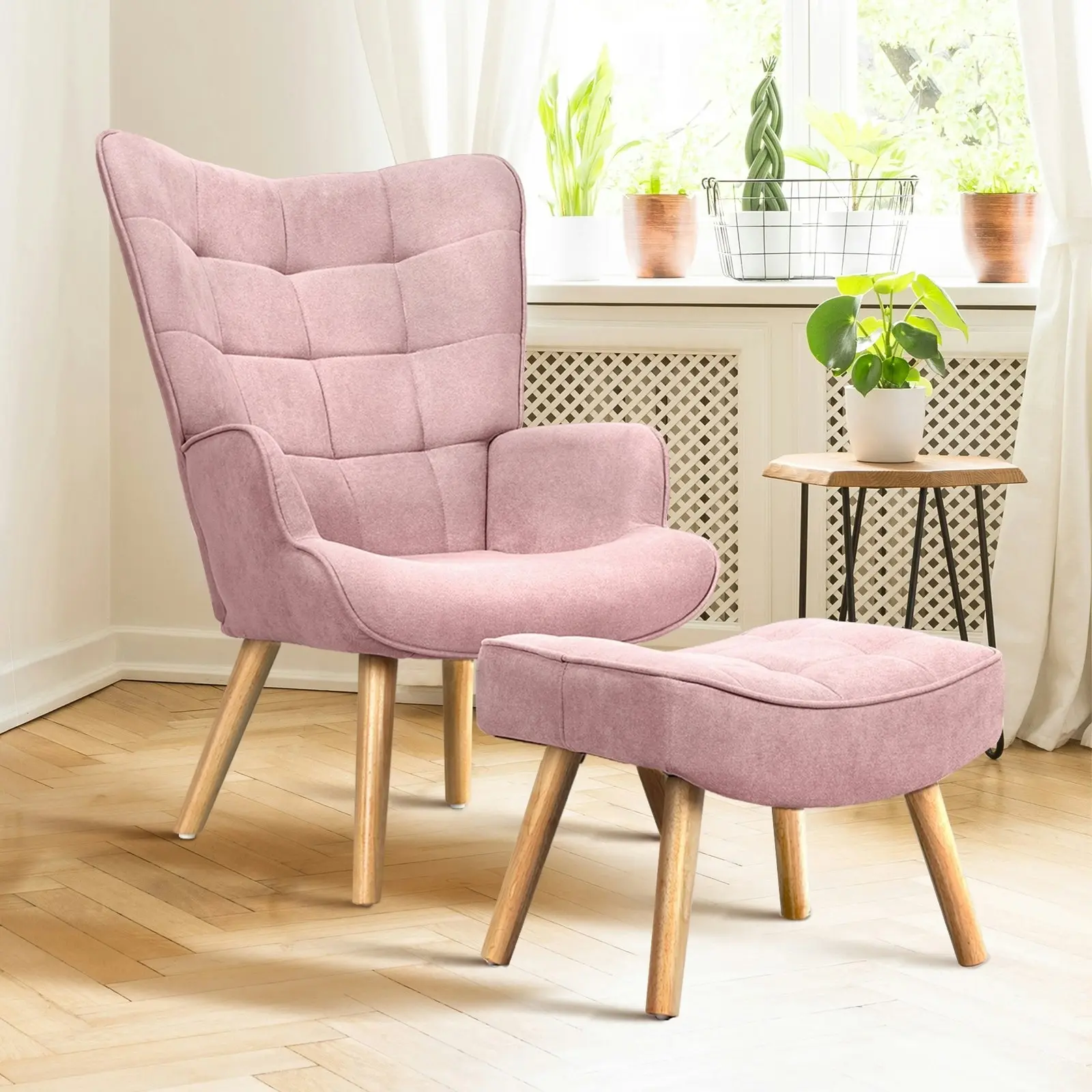 Oikiture Armchair Lounge Chair Ottoman Accent Armchairs Fabric Sofa Chairs Pink