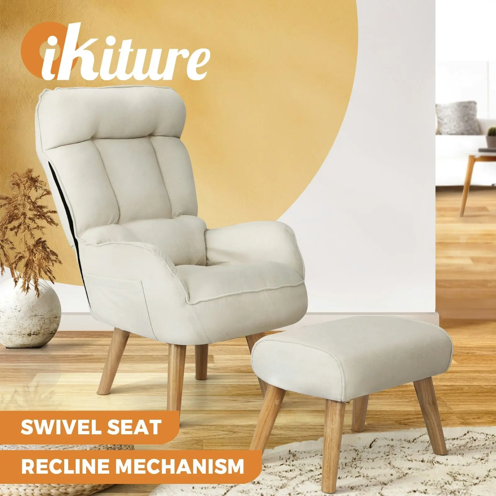 Oikiture Swivel Recliner Armchair Lounge Ottoman Accent Chair With Stool Beige