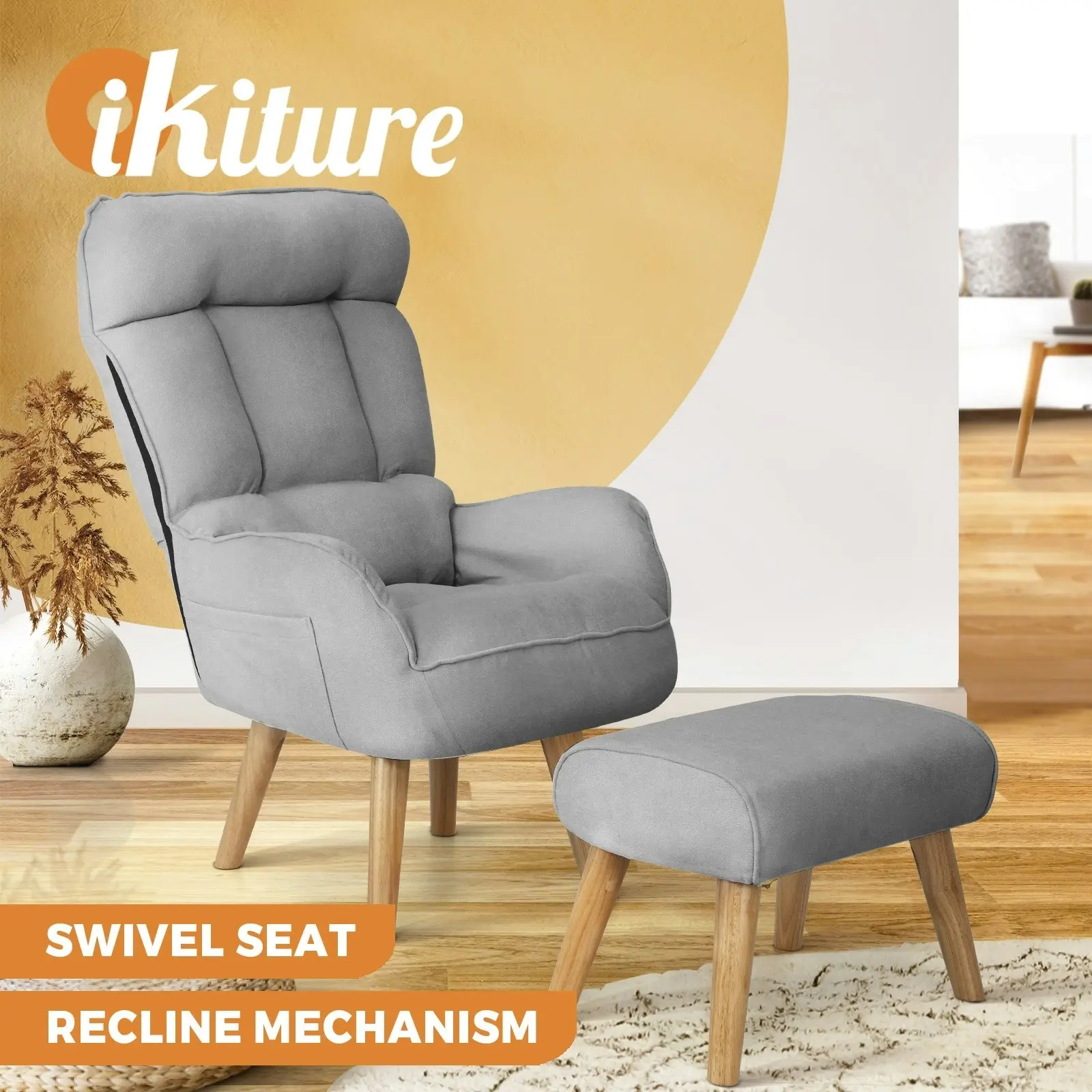 Oikiture Swivel Recliner Armchair Lounge Ottoman Accent Chair With Stool Grey