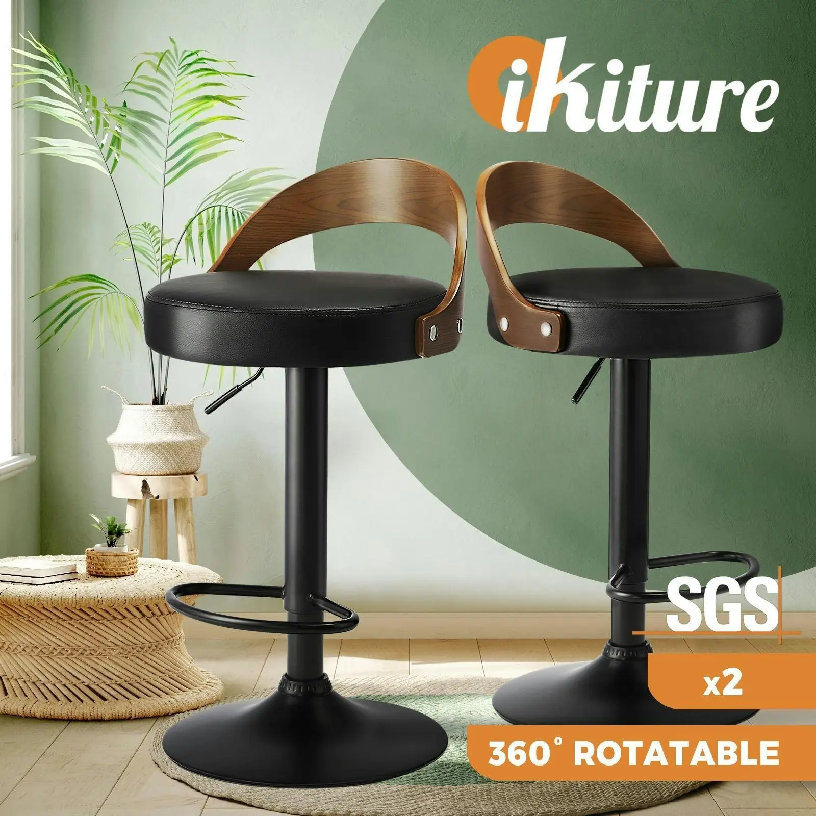 Oikiture Kitchen Bar Stools Gas Lift Swivel Chairs Stool Wooden PU Leather x2