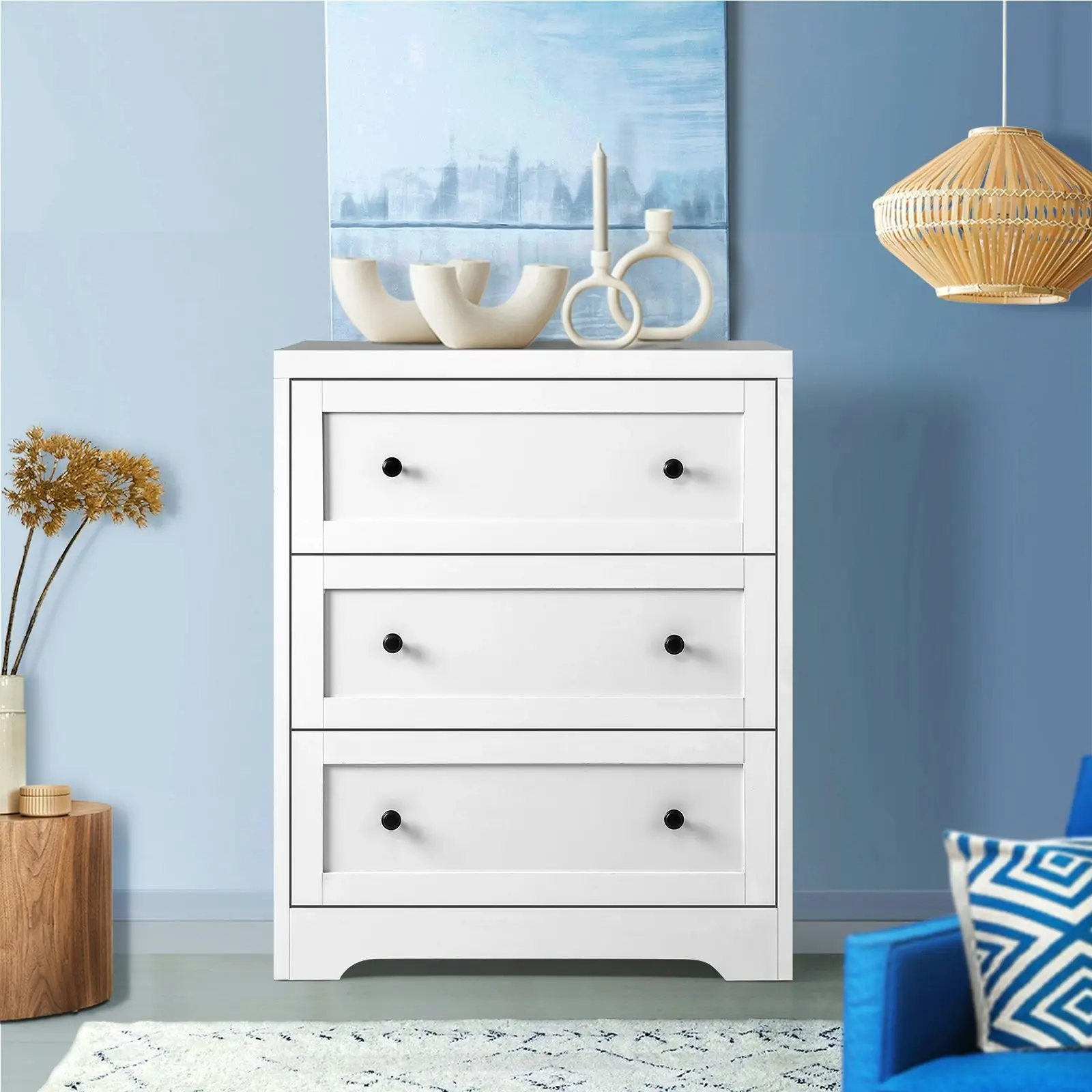 Oikiture 3 Chest of Drawers Tallboy Hamptons White