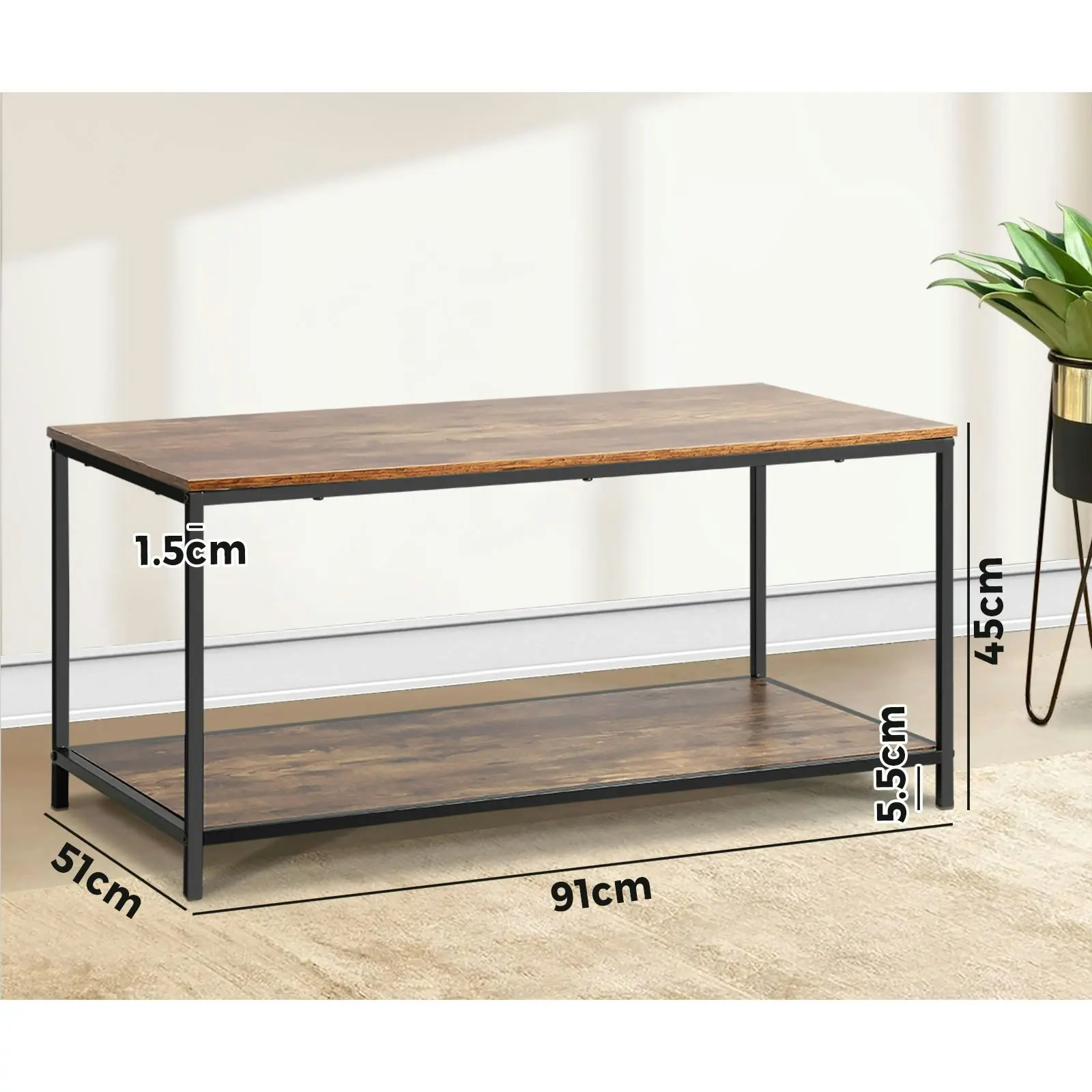 Oikiture Coffee Table Side Table Storage Rack Shelf 2-Tier Industrial Furniture