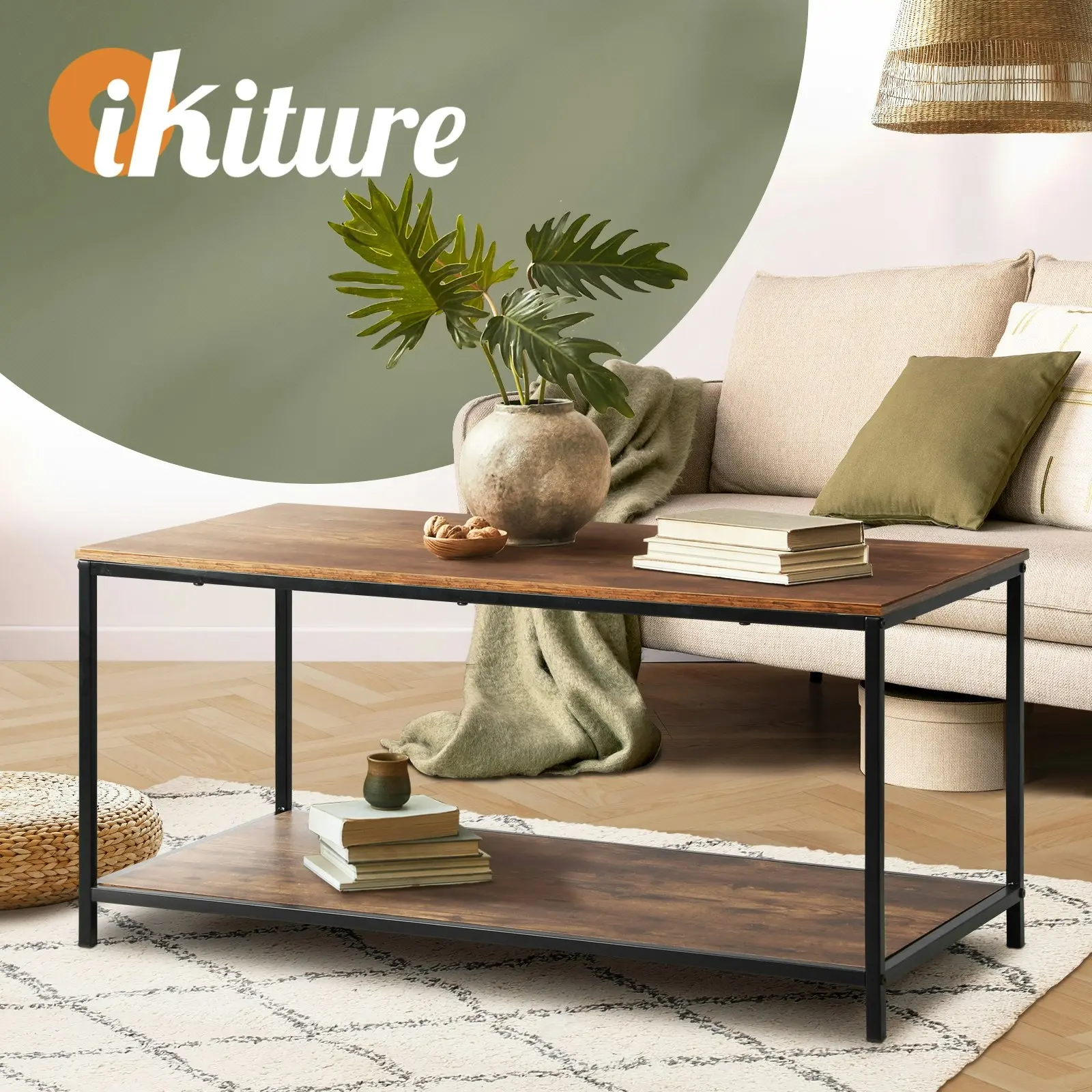 Oikiture Coffee Table Side Table Storage Rack Shelf 2-Tier Industrial Furniture