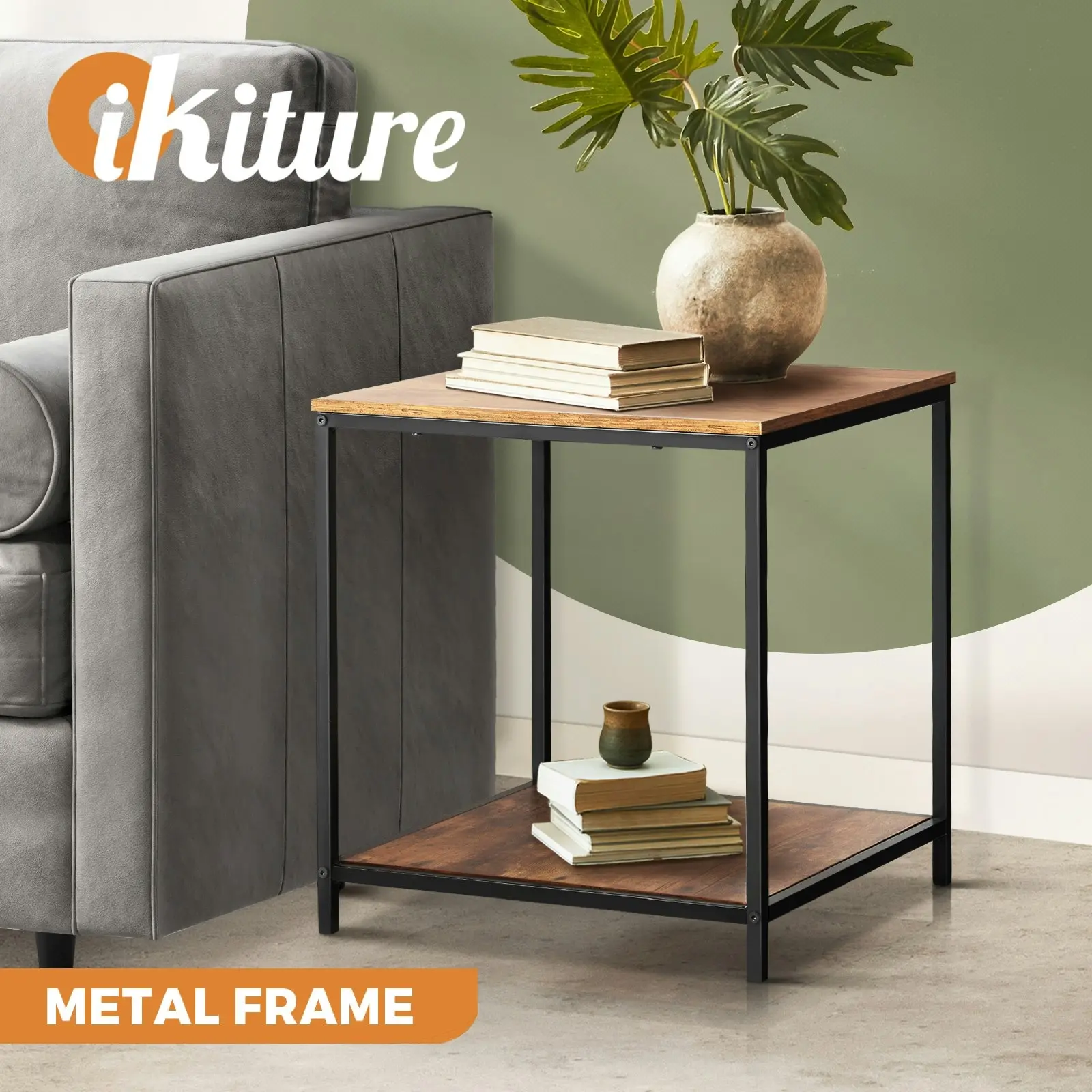 Oikiture Side End Table Coffee Table Bedside Shelf 2-Tier Industrial Furniture