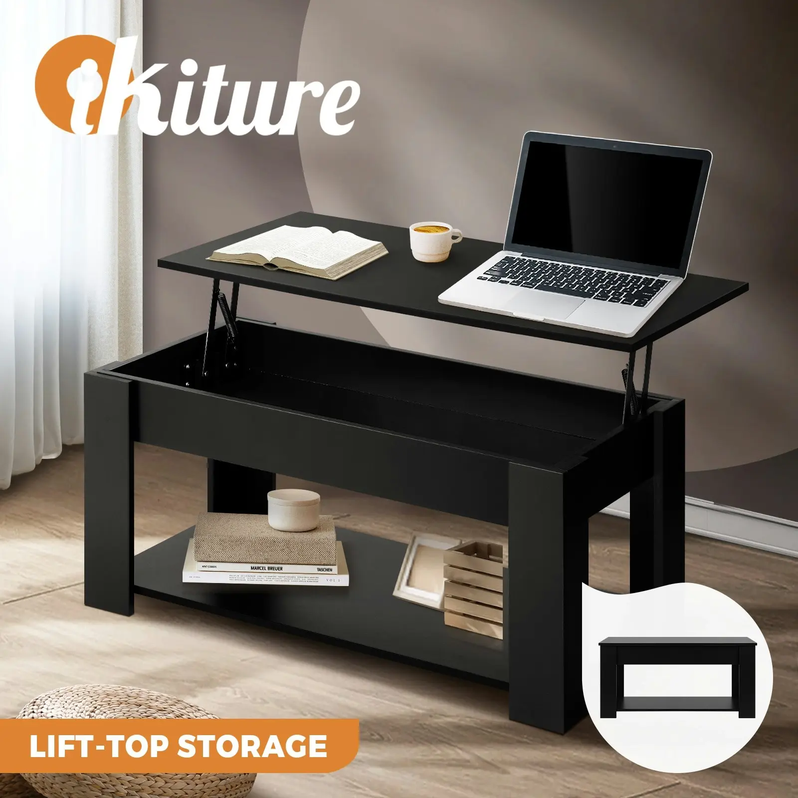 Oikiture Coffee Table Lift Up Top Modern Tables Hidden Book Storage Black