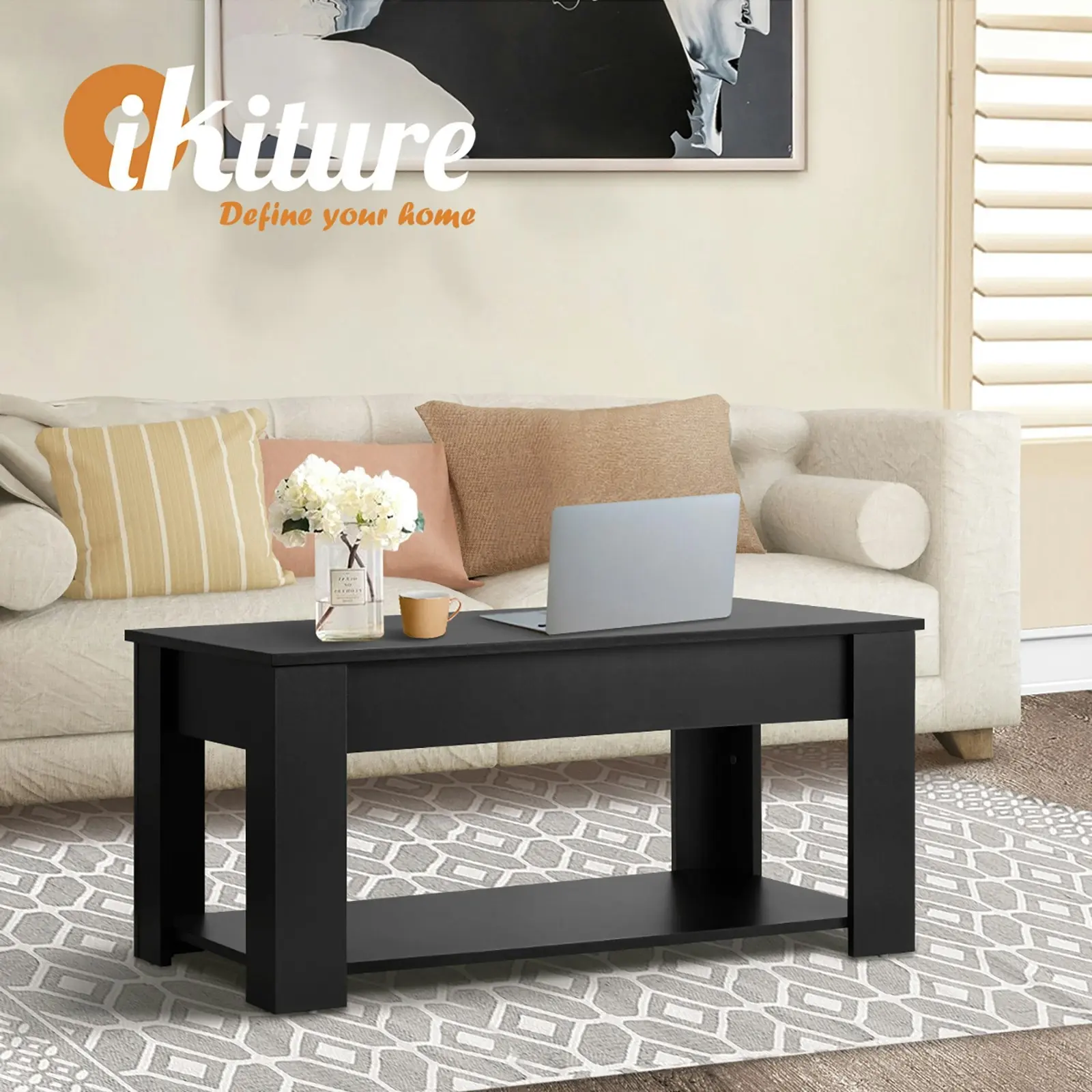 Oikiture Coffee Table Lift Up Top Modern Tables Hidden Book Storage Black