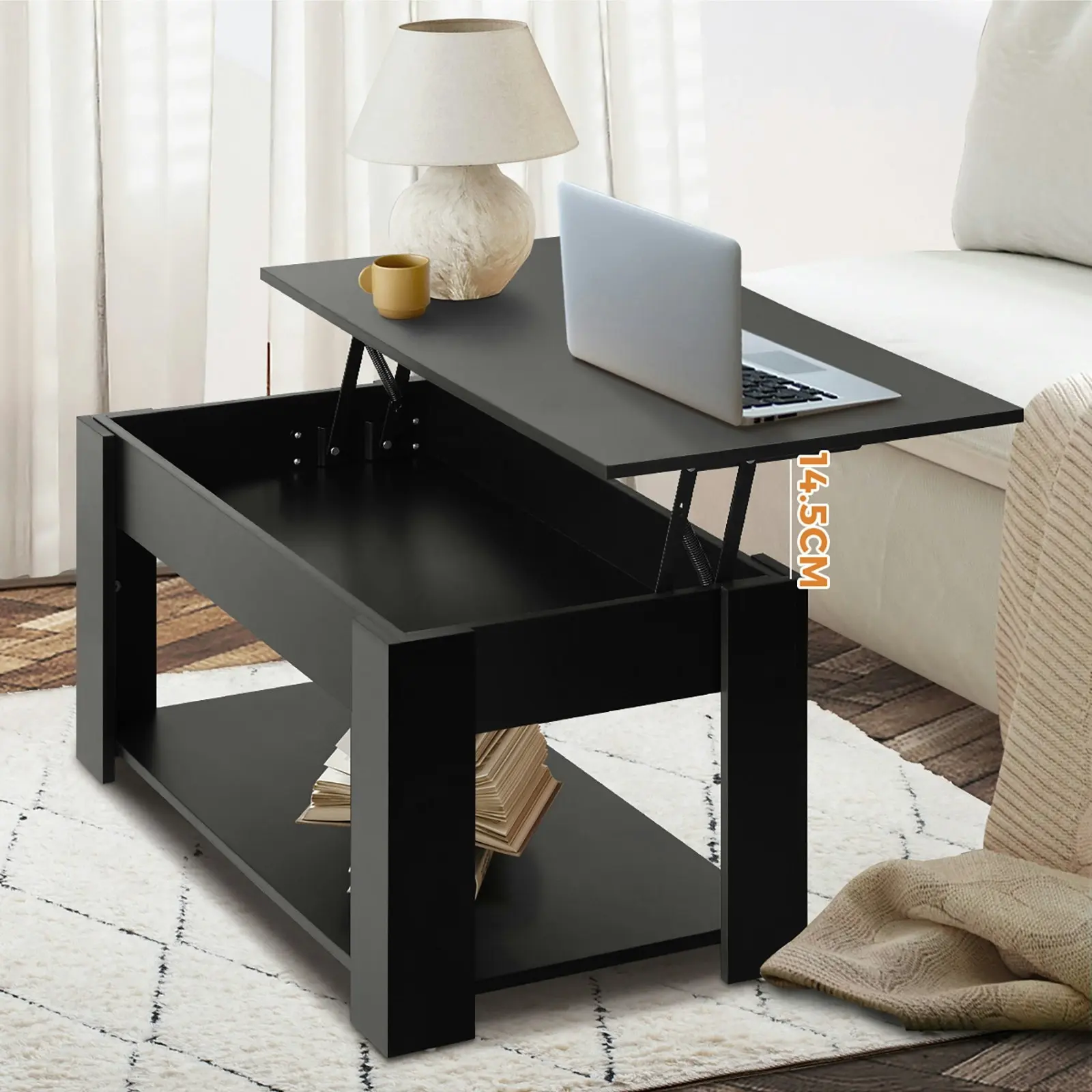 Oikiture Coffee Table Lift Up Top Modern Tables Hidden Book Storage Black