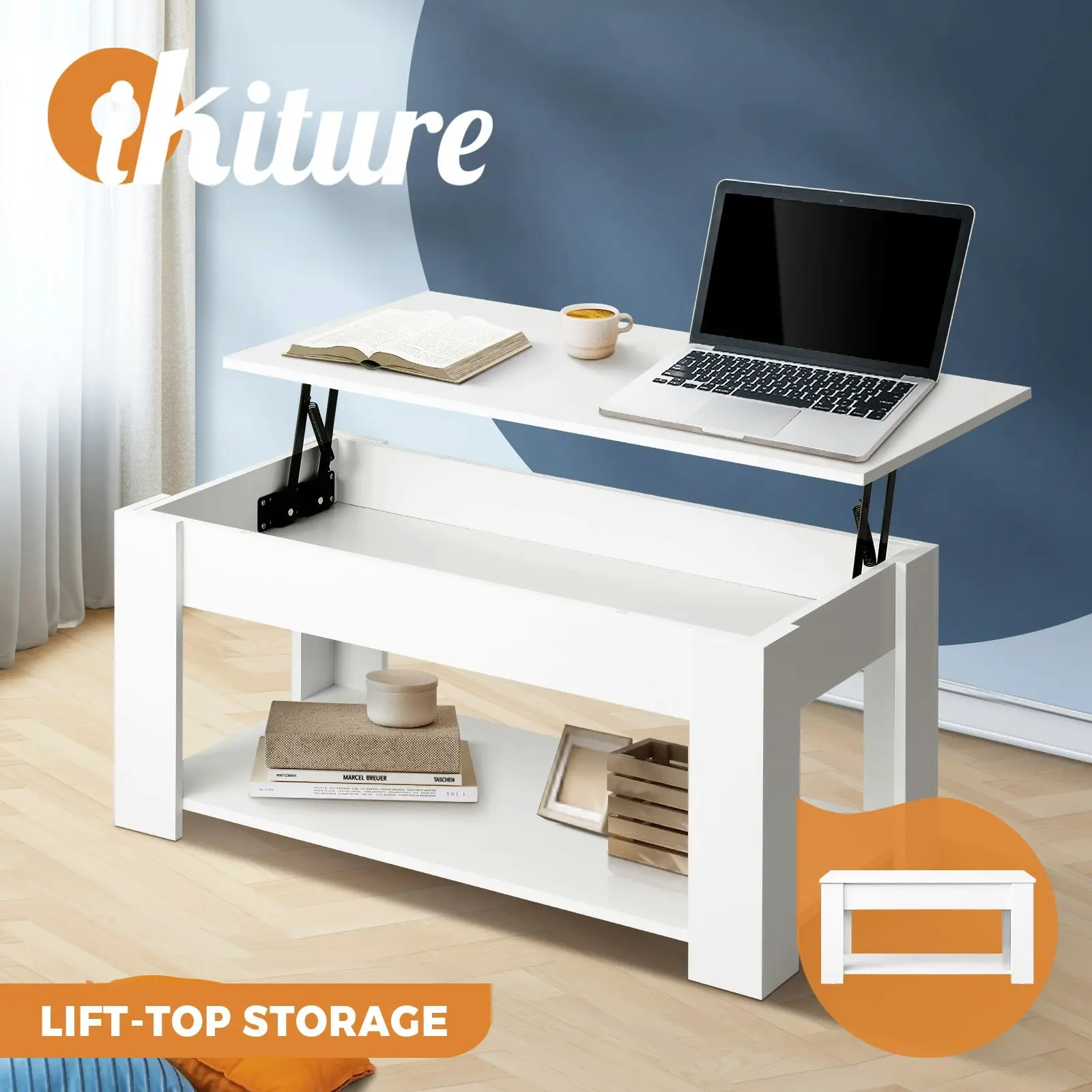 Oikiture Coffee Table Lift Up Top Modern Tables Hidden Book Storage White