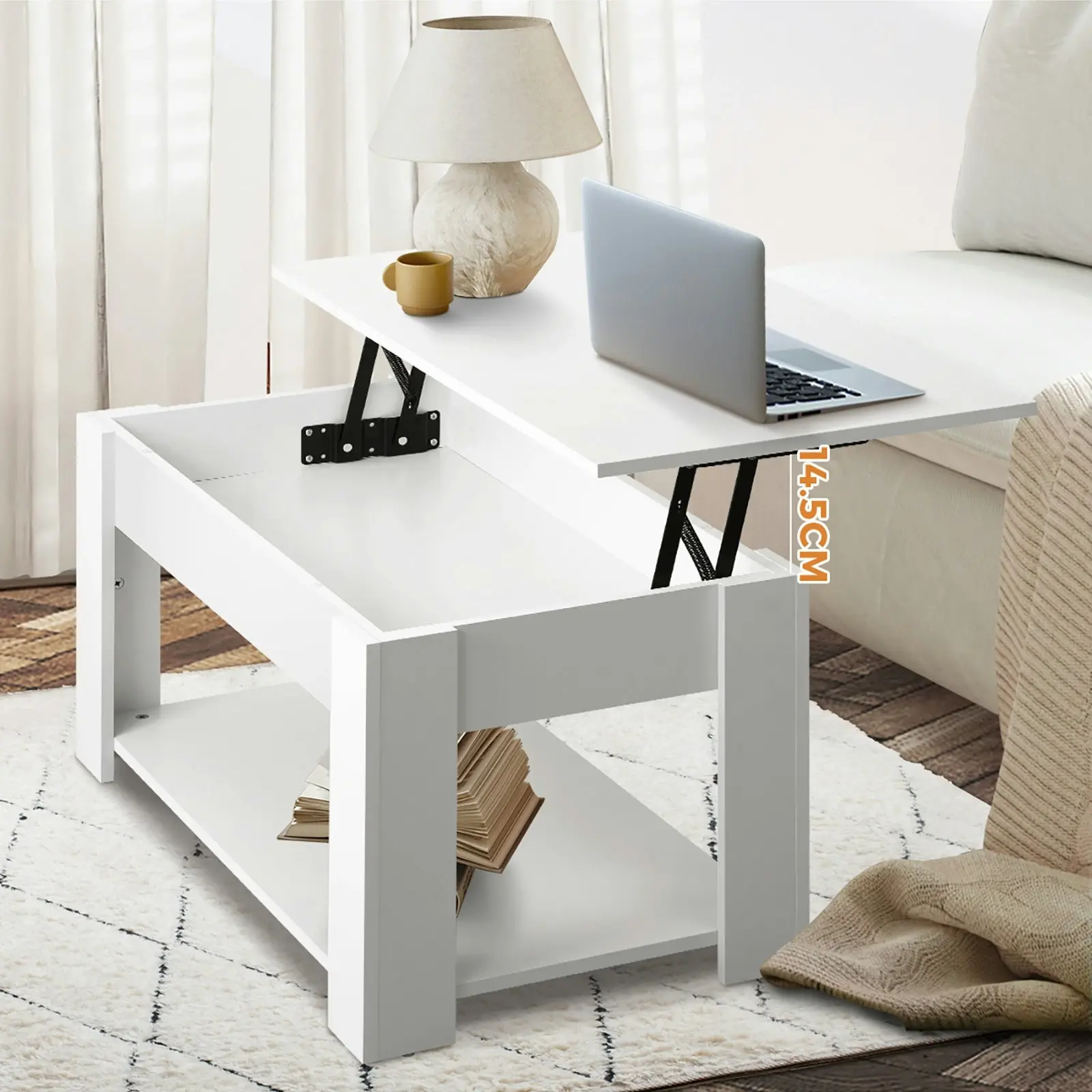 Oikiture Coffee Table Lift Up Top Modern Tables Hidden Book Storage White