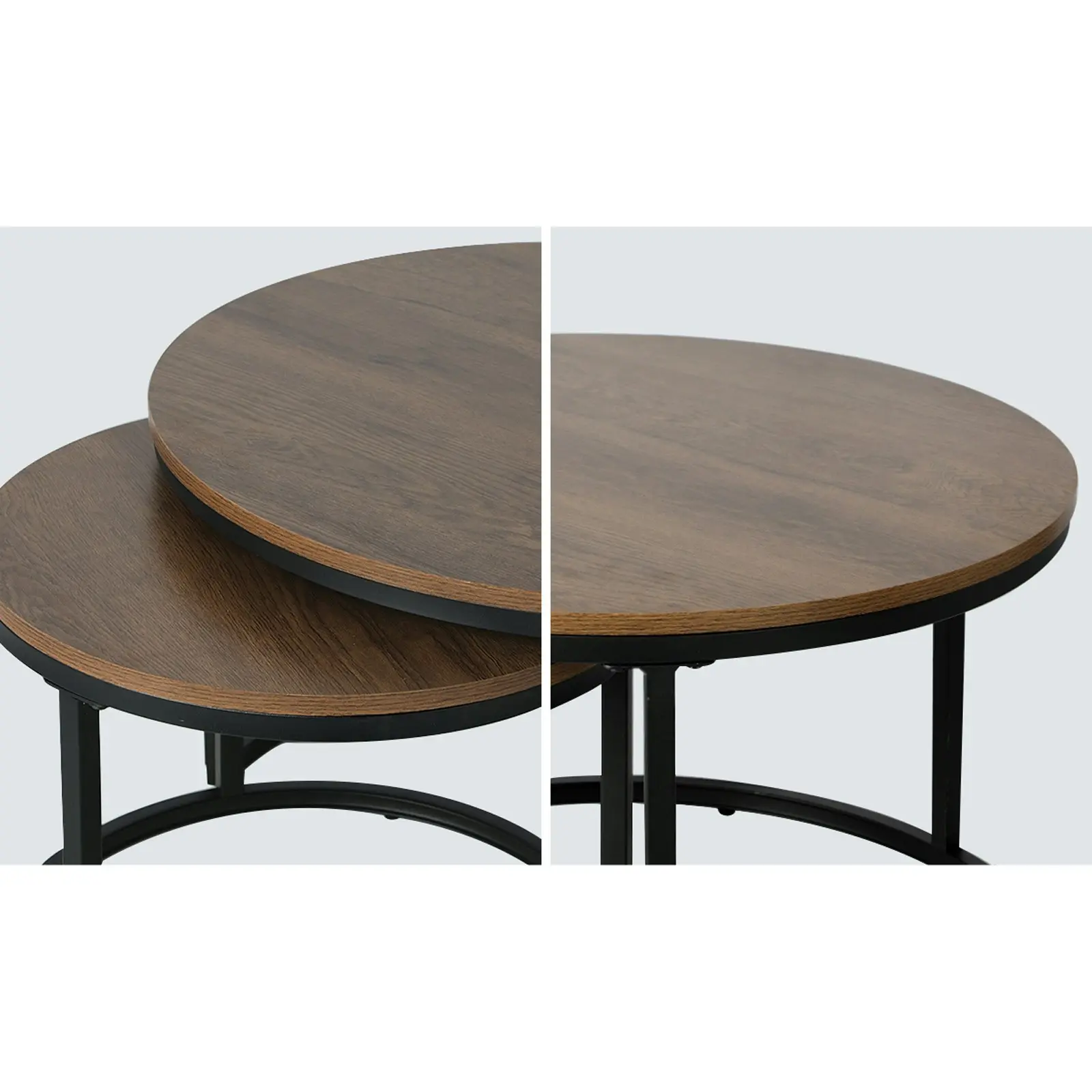 Oikiture Set of 2 Coffee Table Round Nesting Side End Table Walnut & Black