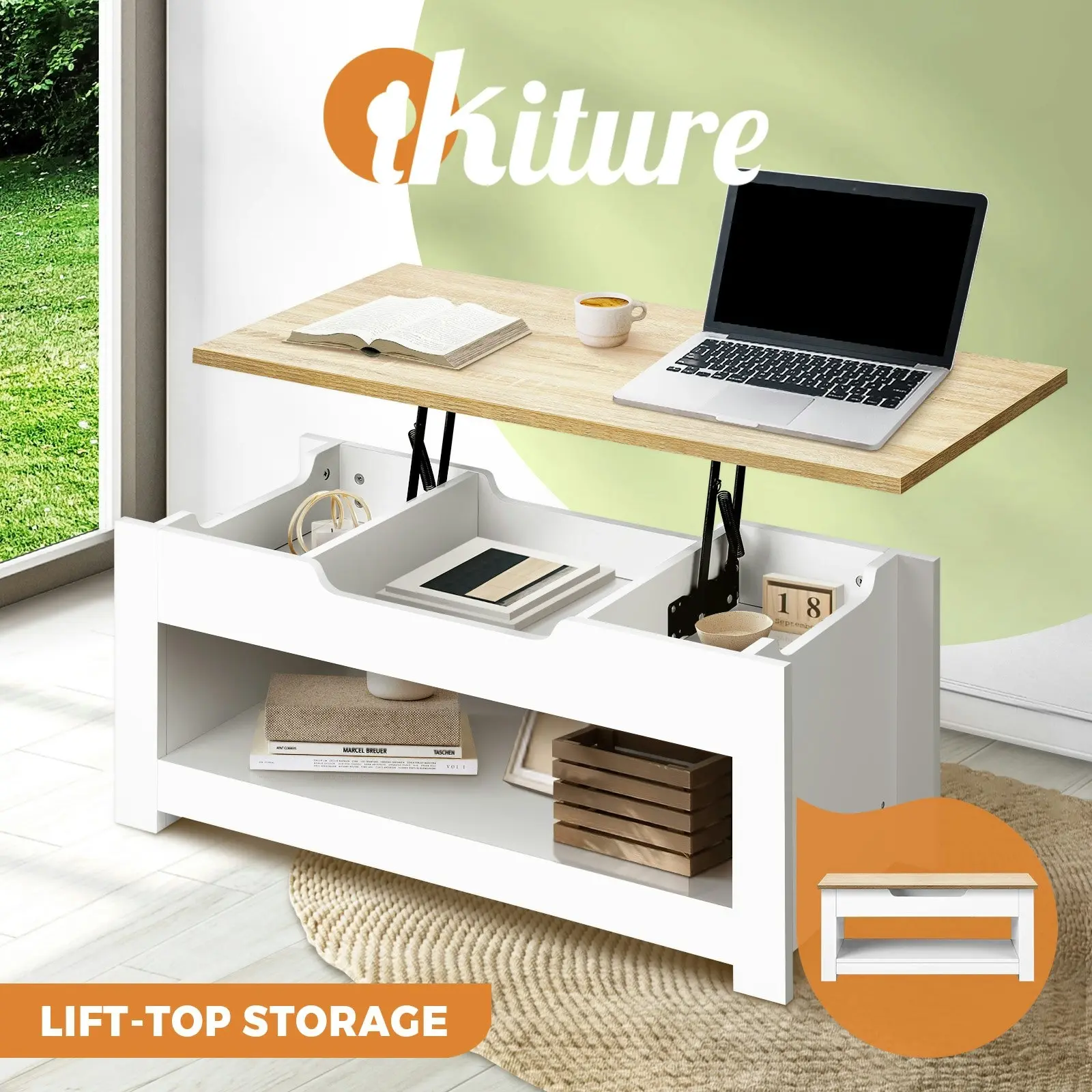 Oikiture Coffee Table Lift Up Top Modern Tables Hidden Storage Shelf Display