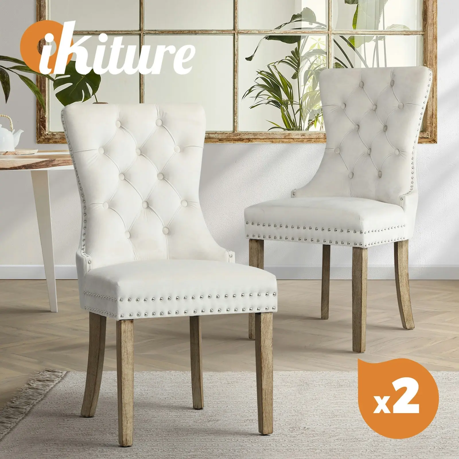 Oikiture 2x Velvet Dining Chairs Upholstered French Provincial Tufted Beige