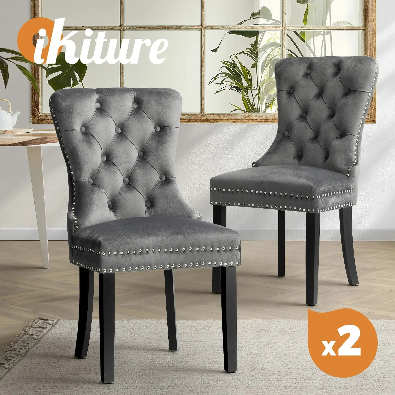 Oikiture 2x Velvet Dining Chairs Upholstered French Provincial Tufted Grey