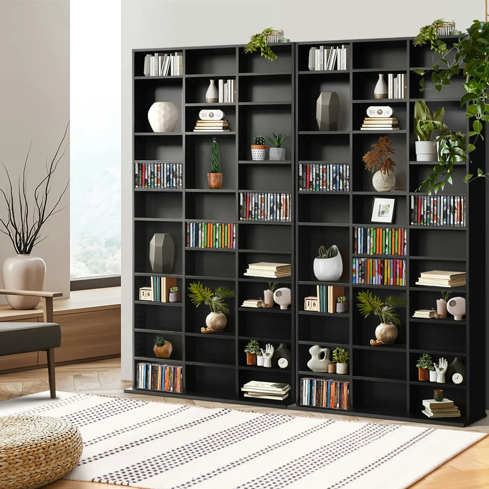 Oikiture Bookshelf Display Shelf Bookcase CD DVD Storage Media Rack Stand Black