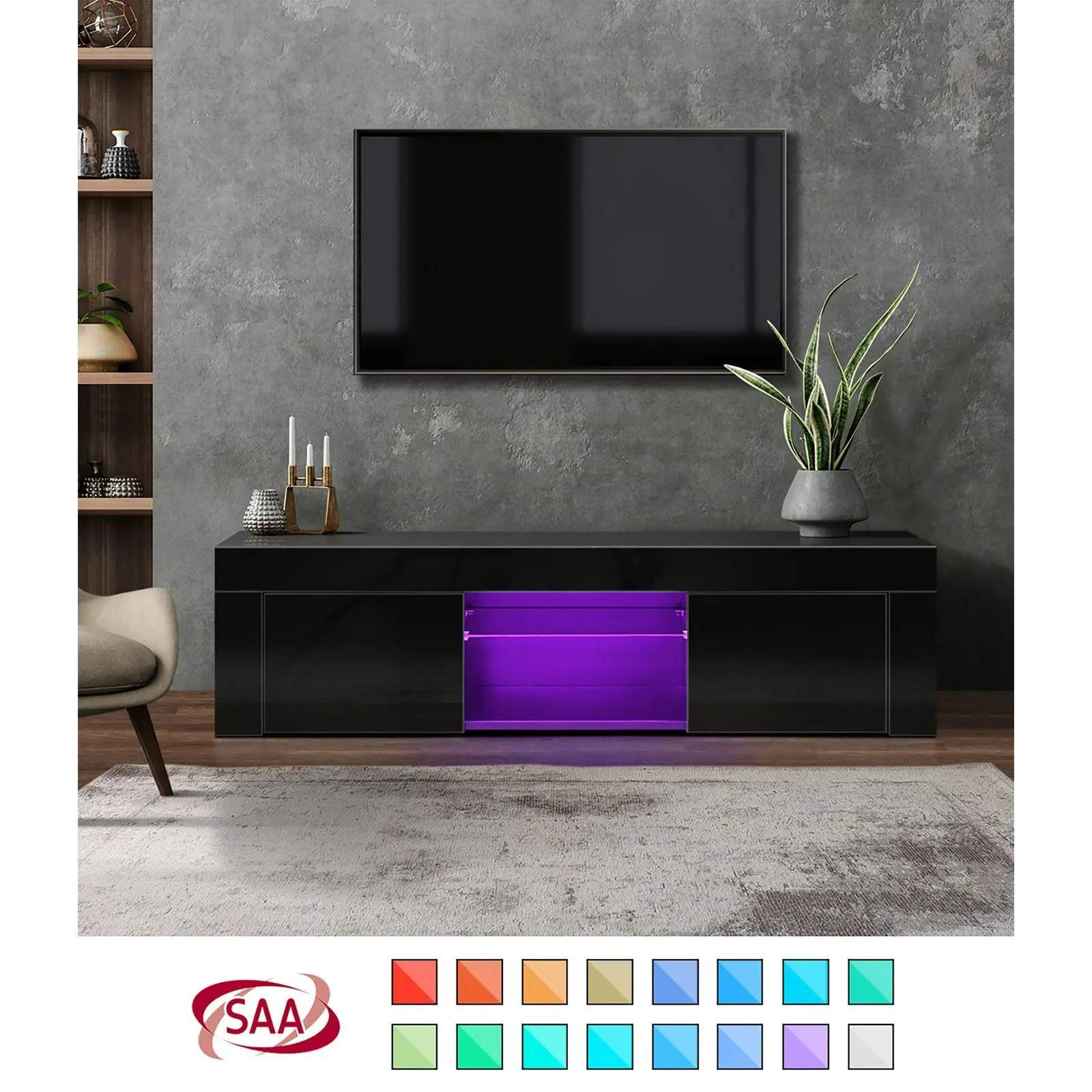 Oikiture TV Cabinet Entertainment Unit Stand RGB LED Gloss Furniture 130cm Black