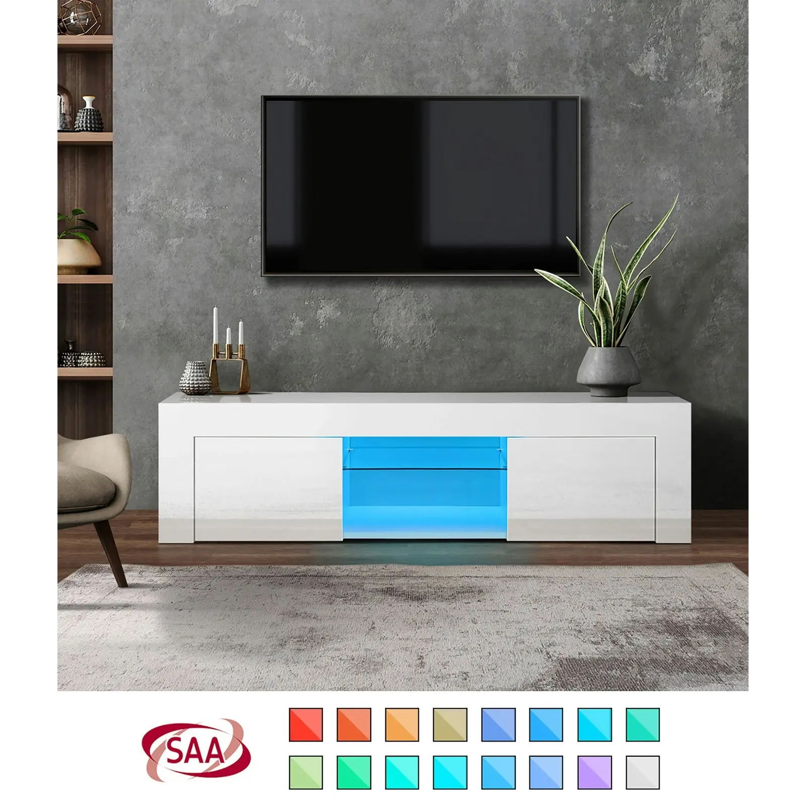 Oikiture TV Cabinet Entertainment Unit Stand RGB LED Gloss Furniture 130cm White