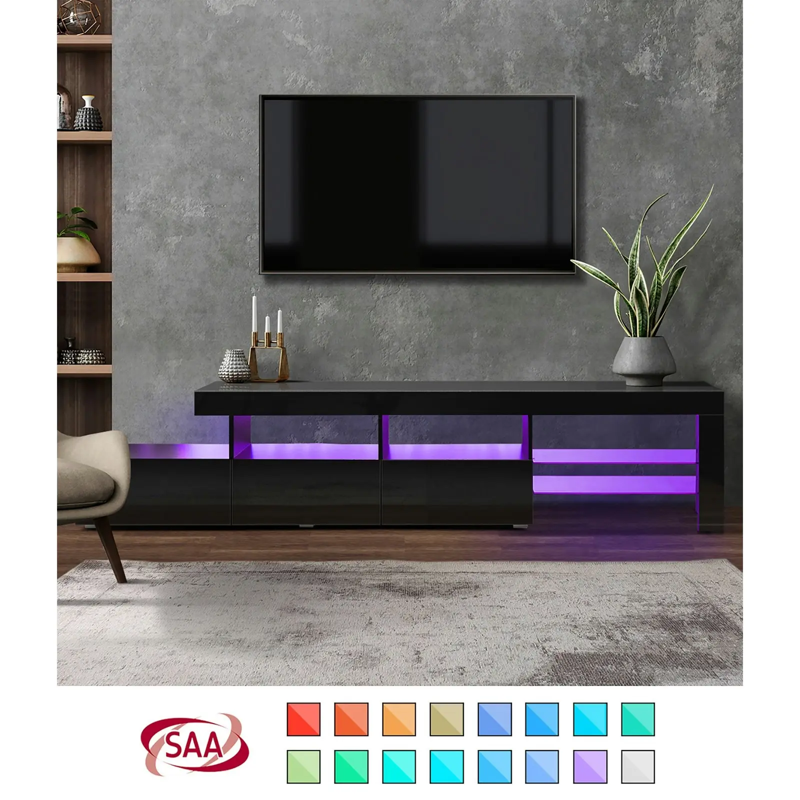 Oikiture TV Cabinet Entertainment Unit Stand RGB LED Gloss Furniture Black 220cm