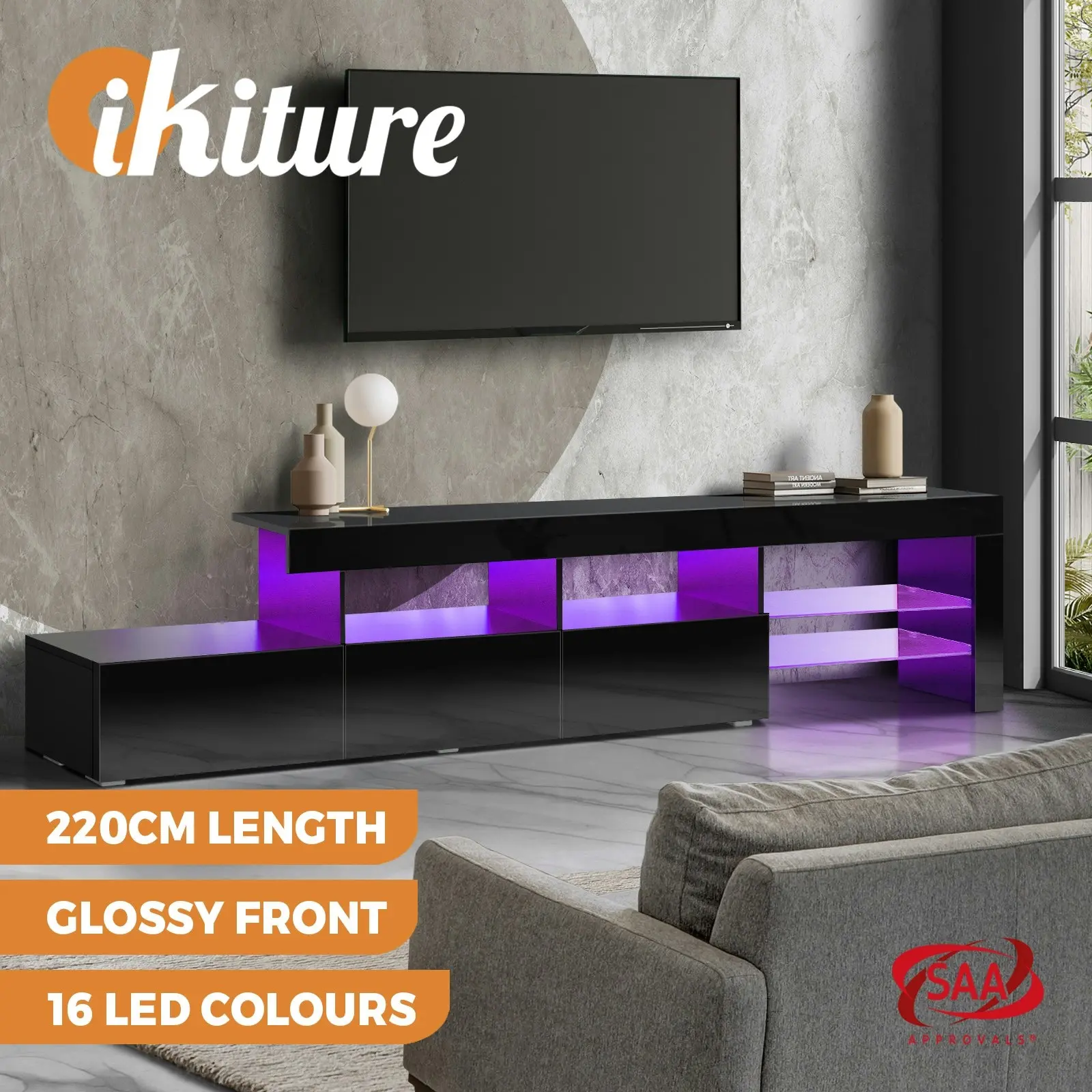 Oikiture TV Cabinet Entertainment Unit Stand RGB LED Gloss Furniture Black 220cm