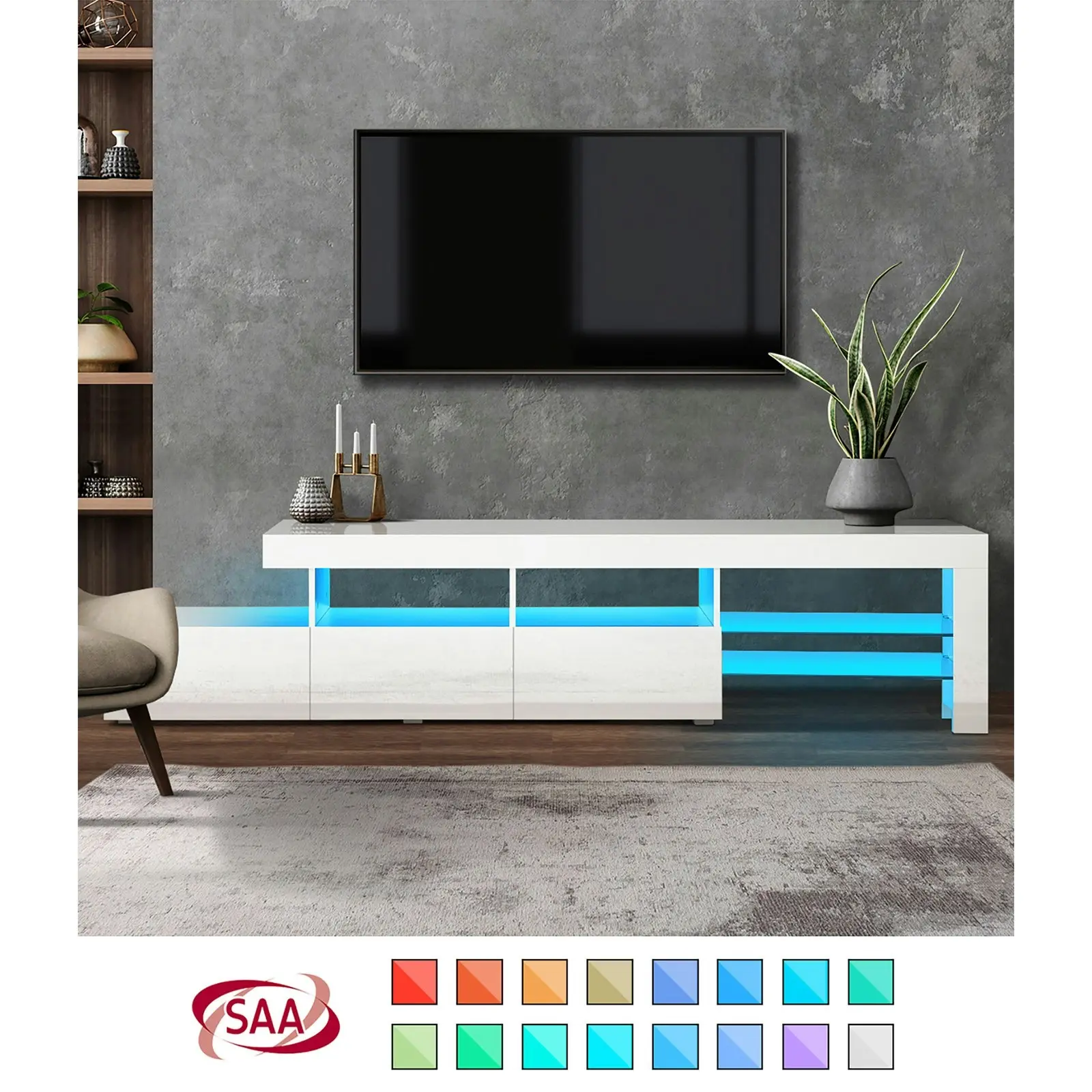 Oikiture TV Cabinet Entertainment Unit Stand RGB LED Gloss Furniture White 220cm