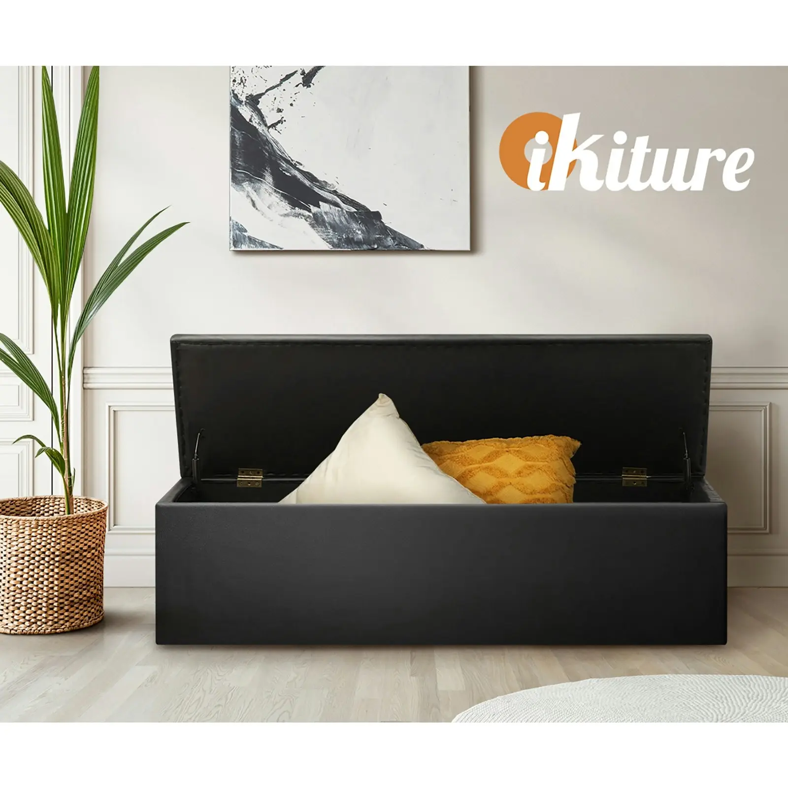 Oikiture Storage Ottoman Blanket Box Foot Stool XL Chest Toy PU Leather Black