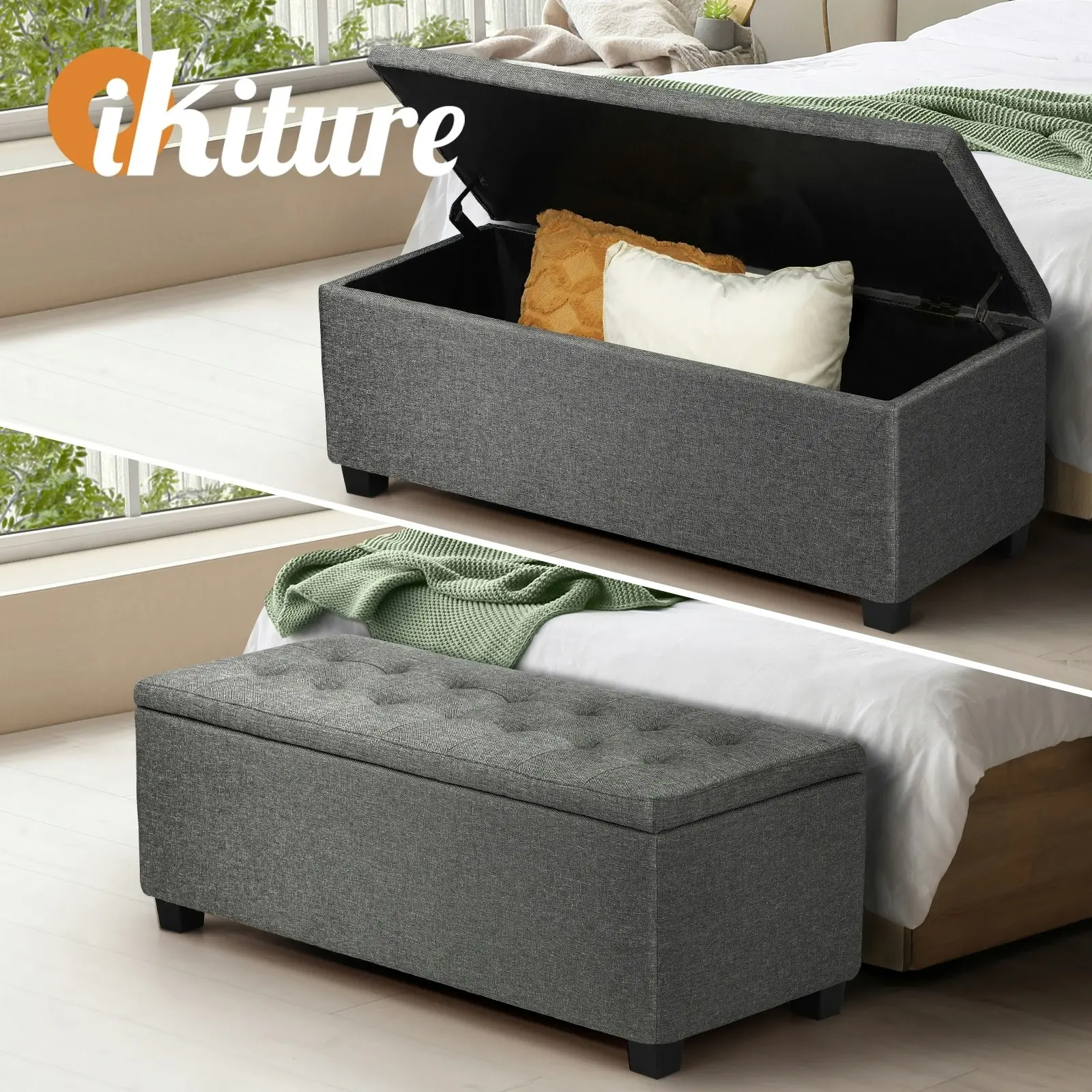 Oikiture Storage Ottoman Blanket Box Faux Linen Chest Toy Foot Stool LARGE Grey