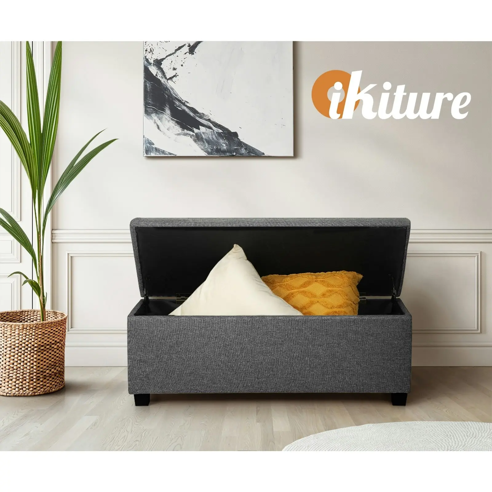 Oikiture Storage Ottoman Blanket Box Faux Linen Chest Toy Foot Stool LARGE Grey