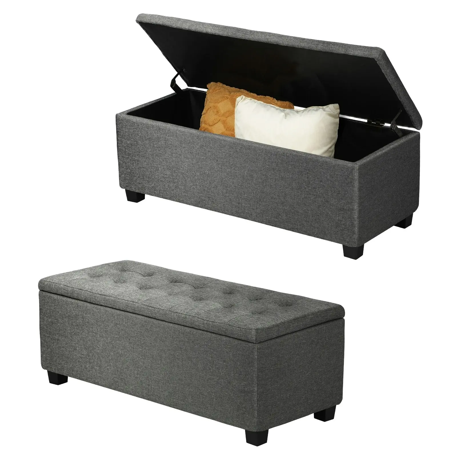 Oikiture Storage Ottoman Blanket Box Faux Linen Chest Toy Foot Stool LARGE Grey