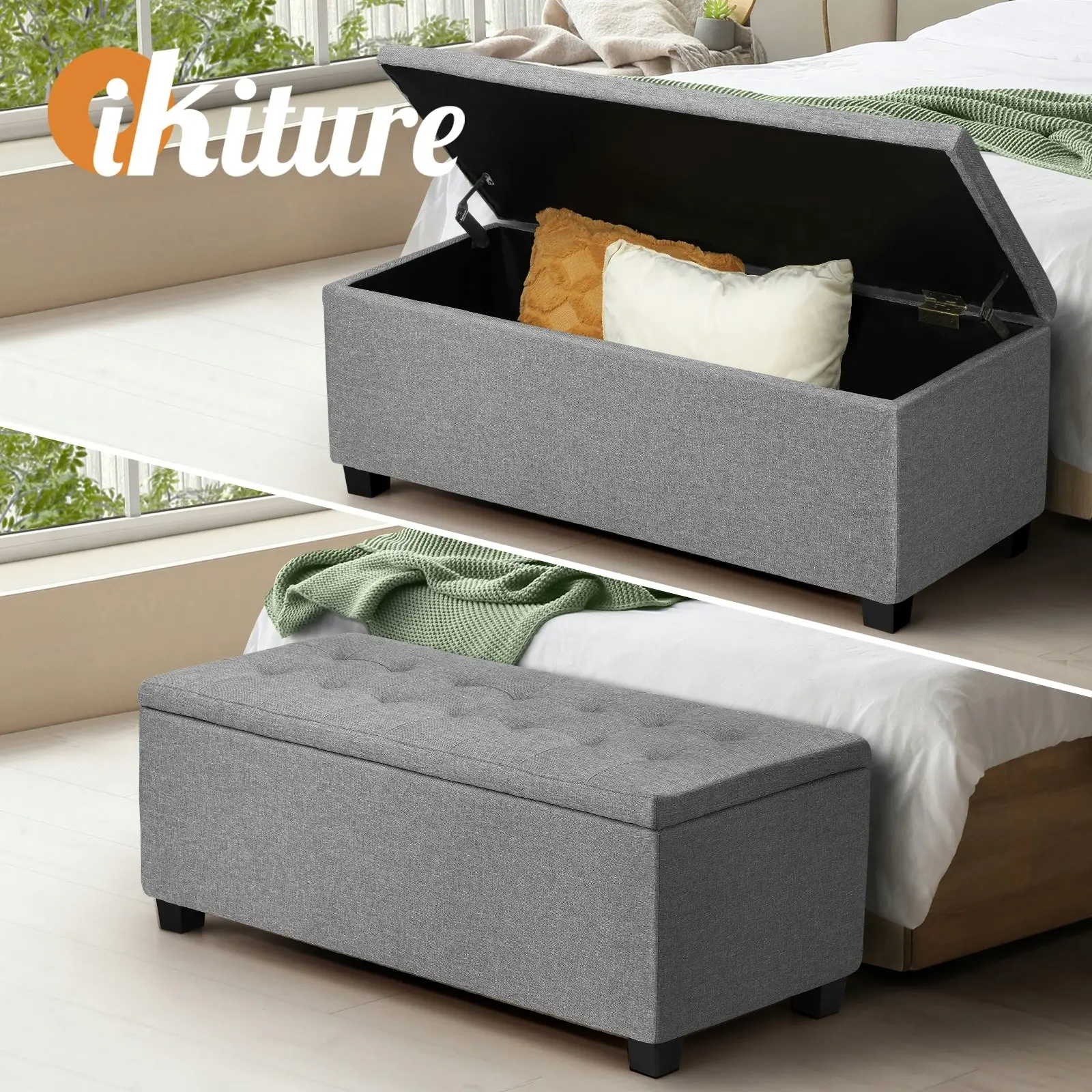 Oikiture Storage Ottoman Blanket Box Faux Linen Chest Toy Foot Stool LARGE