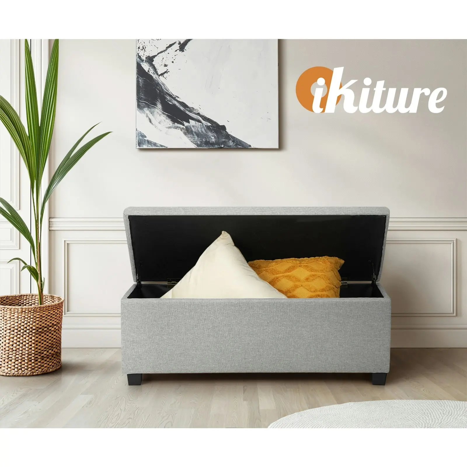 Oikiture Storage Ottoman Blanket Box Faux Linen Chest Toy Foot Stool LARGE