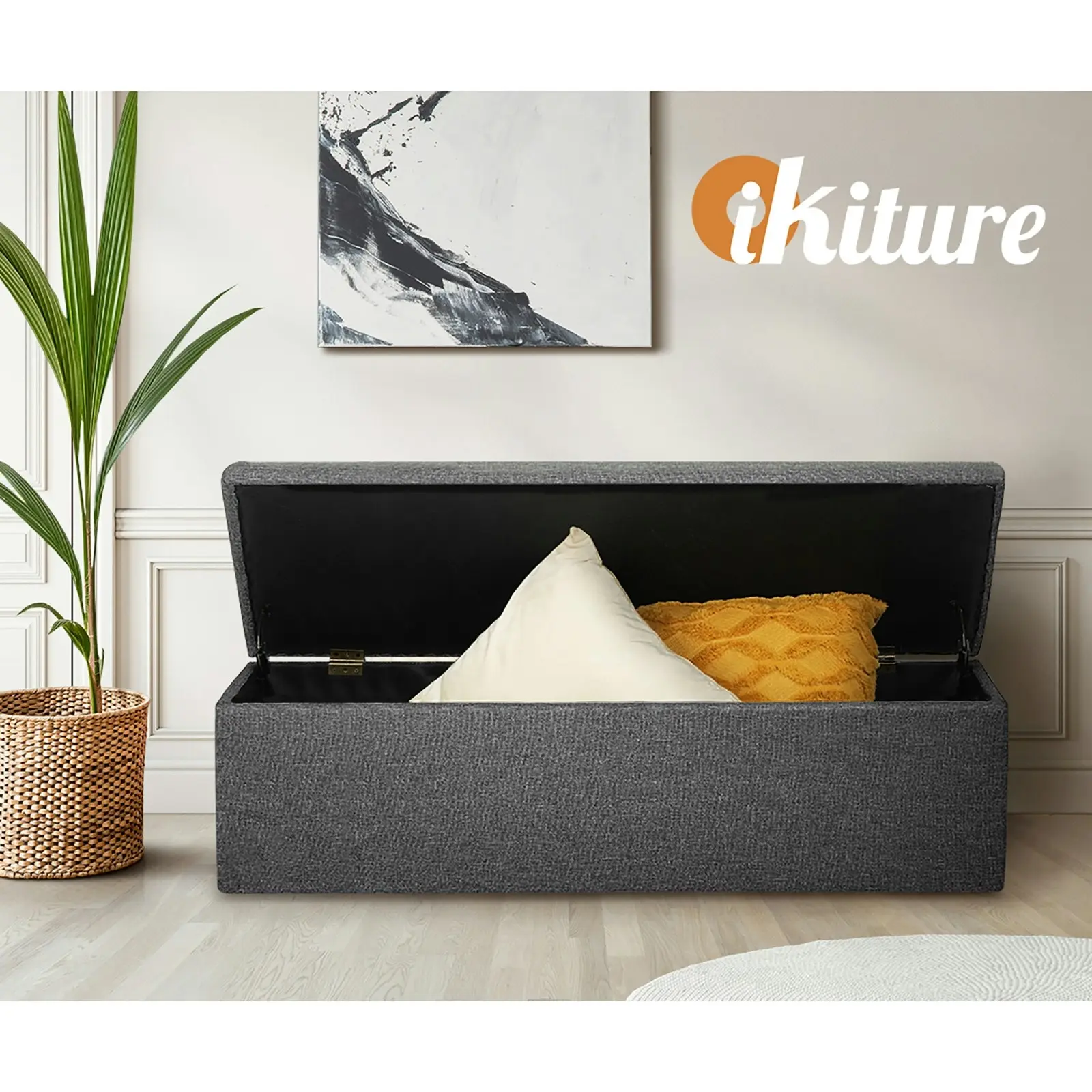 Oikiture Storage Ottoman Blanket Box Foot Stool XL Chest Toy Faux Linen Grey