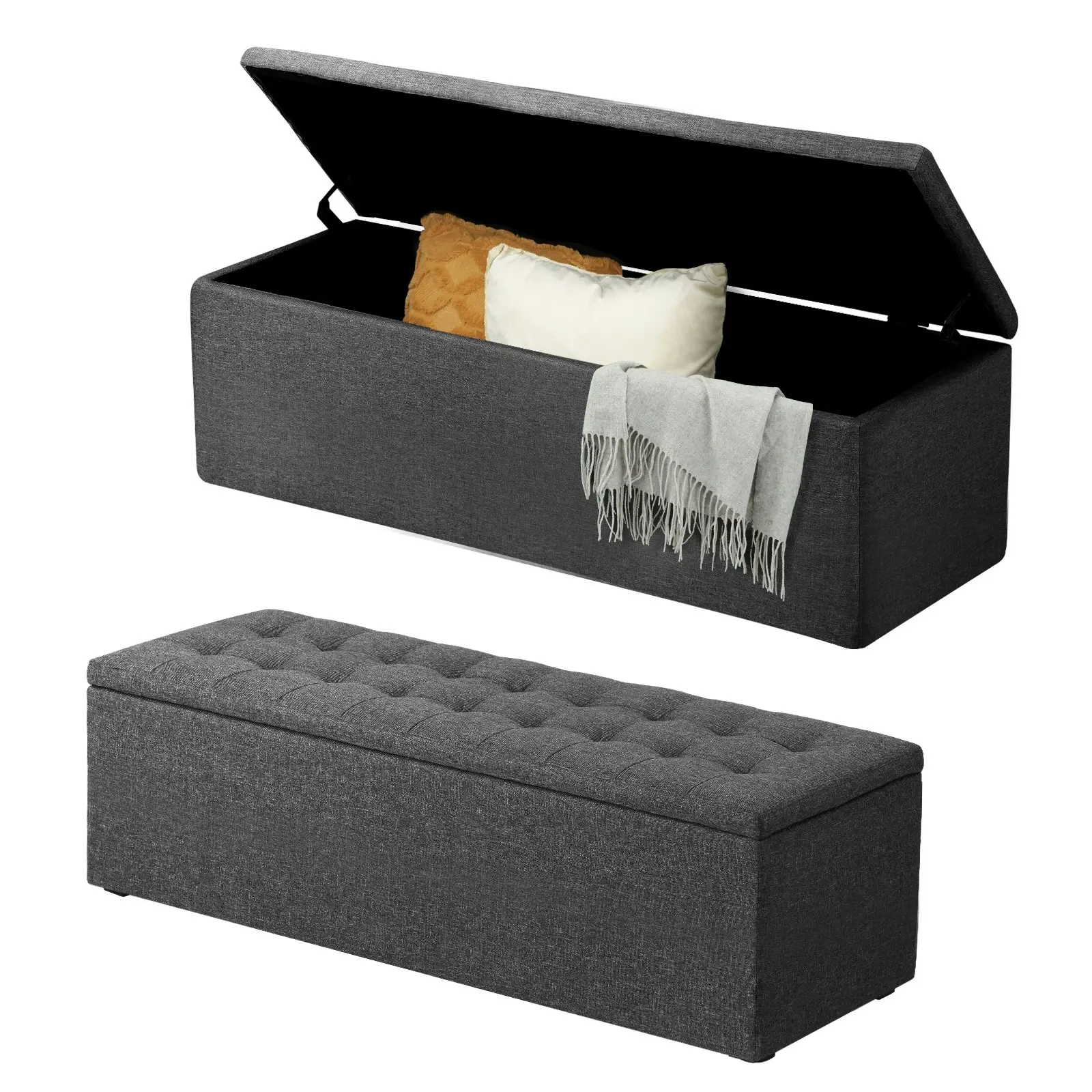 Oikiture Storage Ottoman Blanket Box Foot Stool XL Chest Toy Faux Linen Grey