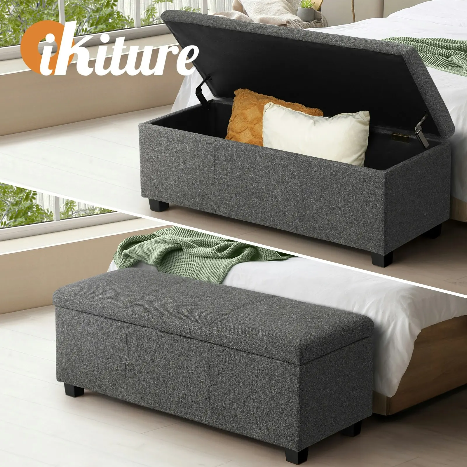 Oikiture Storage Ottoman Blanket Box Linen Fabric Arm Foot Stool Couch Grey Large