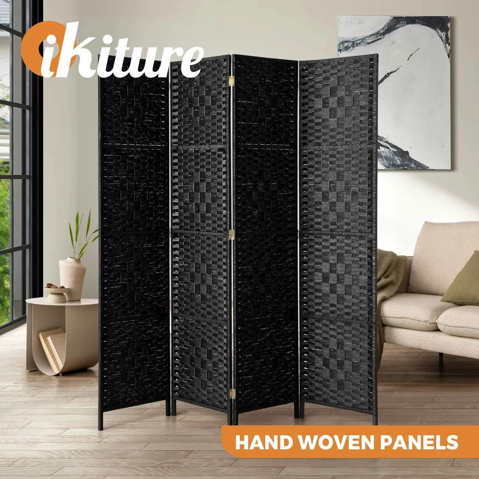 Oikiture 4 Panel Room Divider Screen Privacy Dividers Woven Wood Folding Black