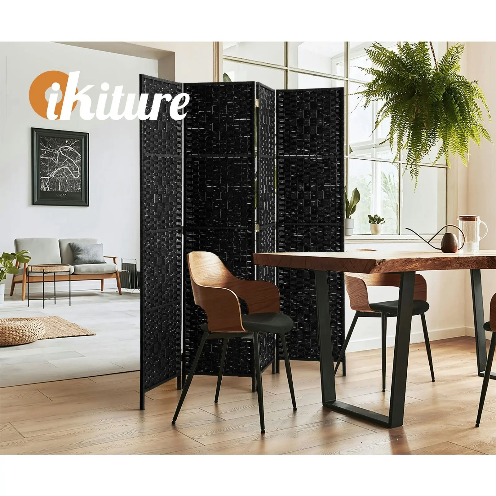 Oikiture 4 Panel Room Divider Screen Privacy Dividers Woven Wood Folding Black