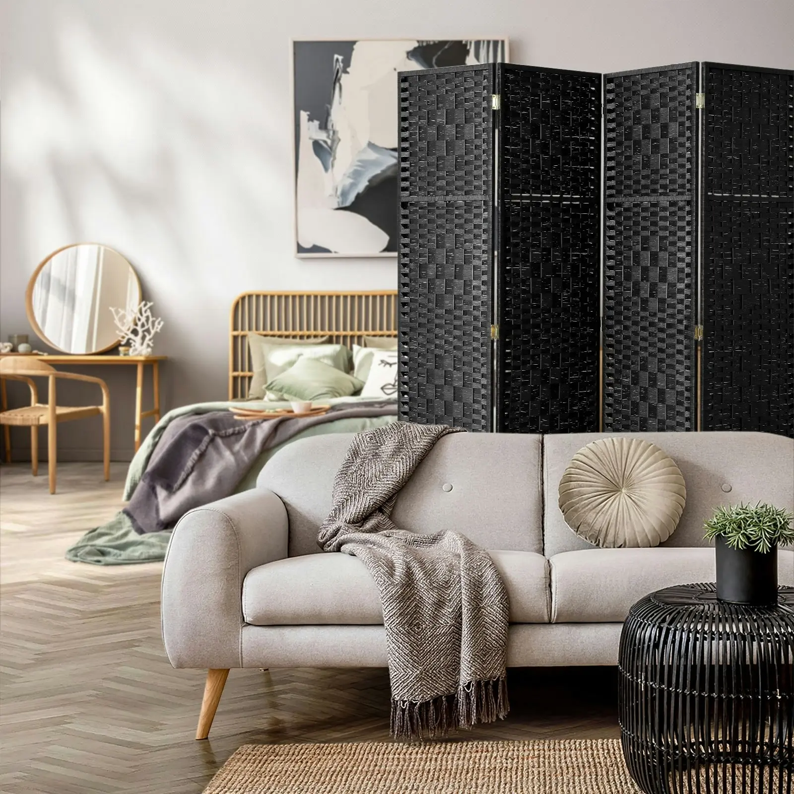 Oikiture 4 Panel Room Divider Screen Privacy Dividers Woven Wood Folding Black