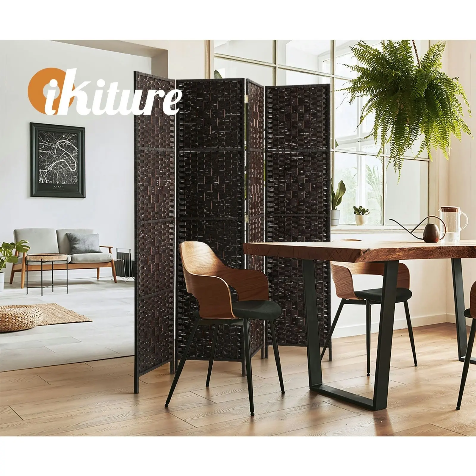 Oikiture 4 Panel Room Divider Screen Privacy Dividers Woven Wood Folding Brown