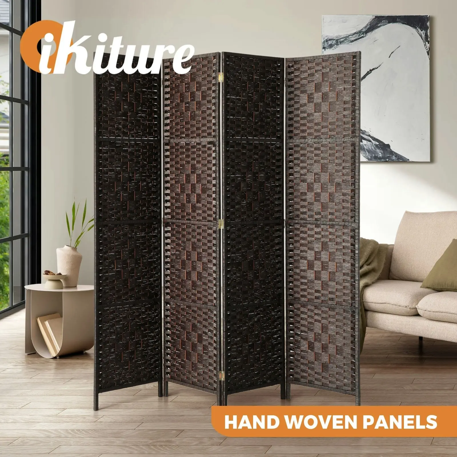 Oikiture 4 Panel Room Divider Screen Privacy Dividers Woven Wood Folding Brown