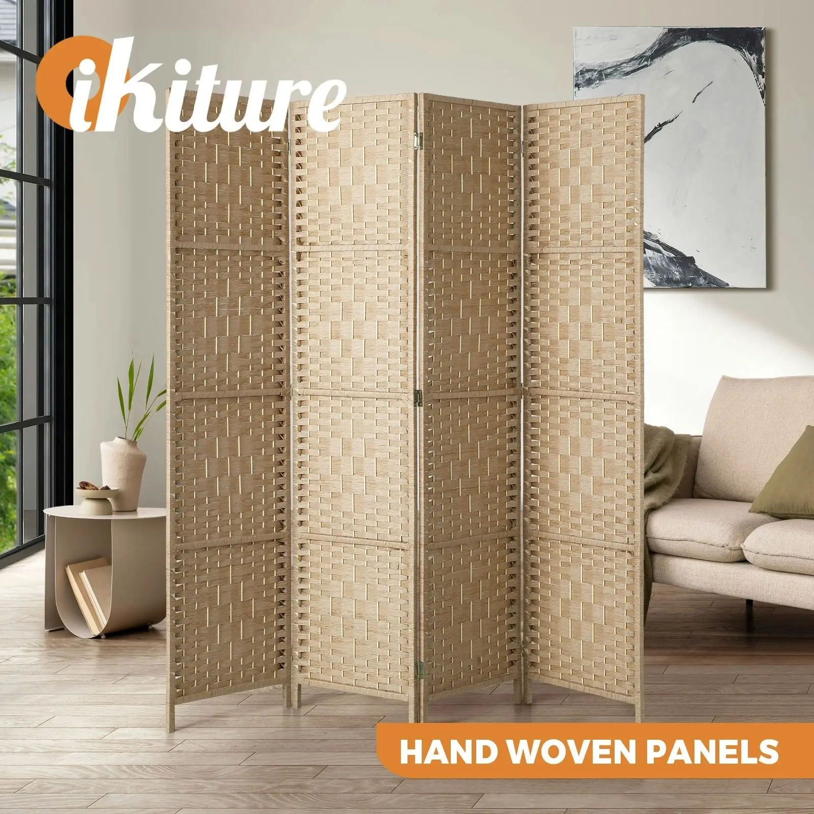 Oikiture 4 Panel Room Divider Privacy Screen Dividers Woven Wood Fold Stand