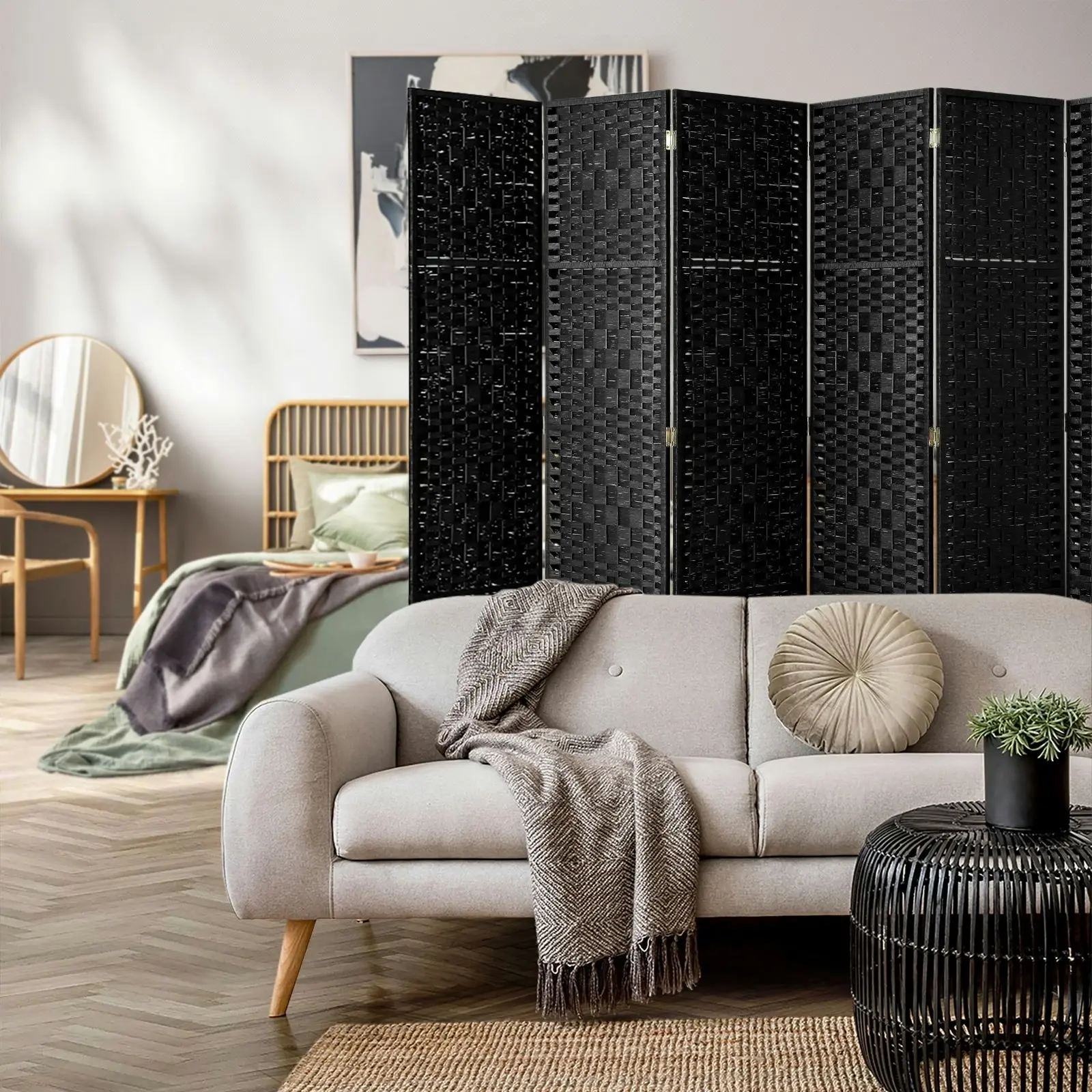 Oikiture 6 Panel Room Divider Screen Privacy Dividers Woven Wood Folding Black