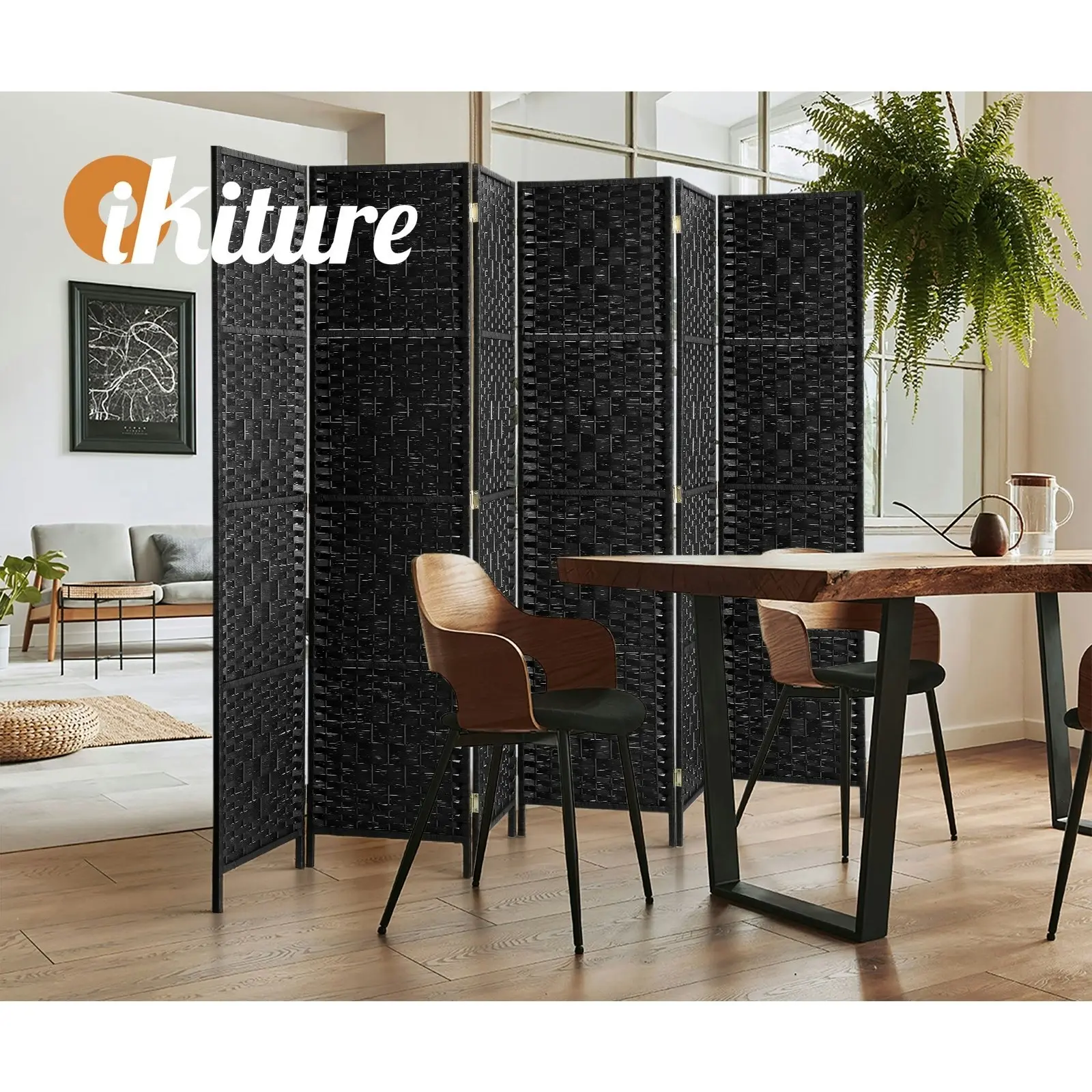 Oikiture 6 Panel Room Divider Screen Privacy Dividers Woven Wood Folding Black