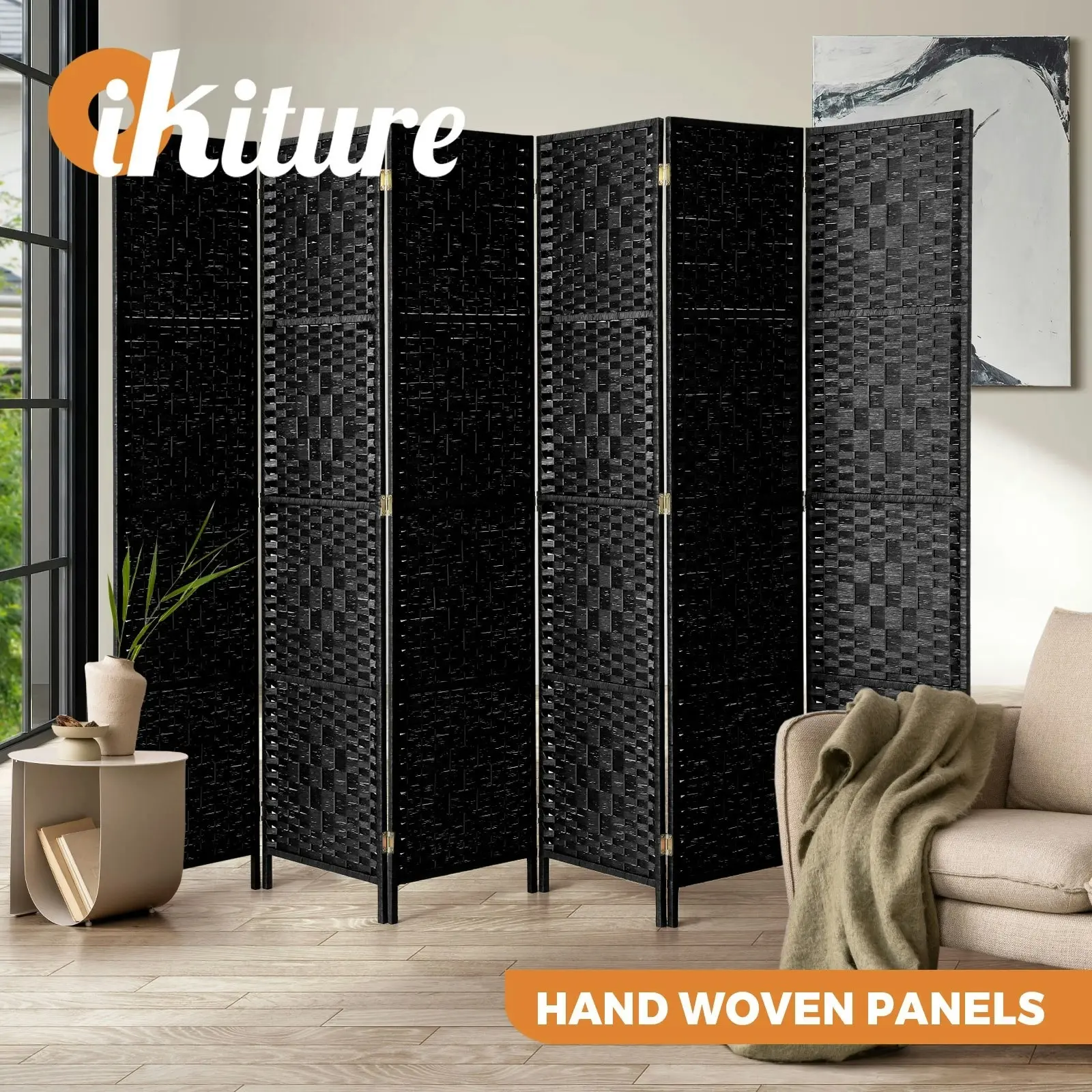 Oikiture 6 Panel Room Divider Screen Privacy Dividers Woven Wood Folding Black